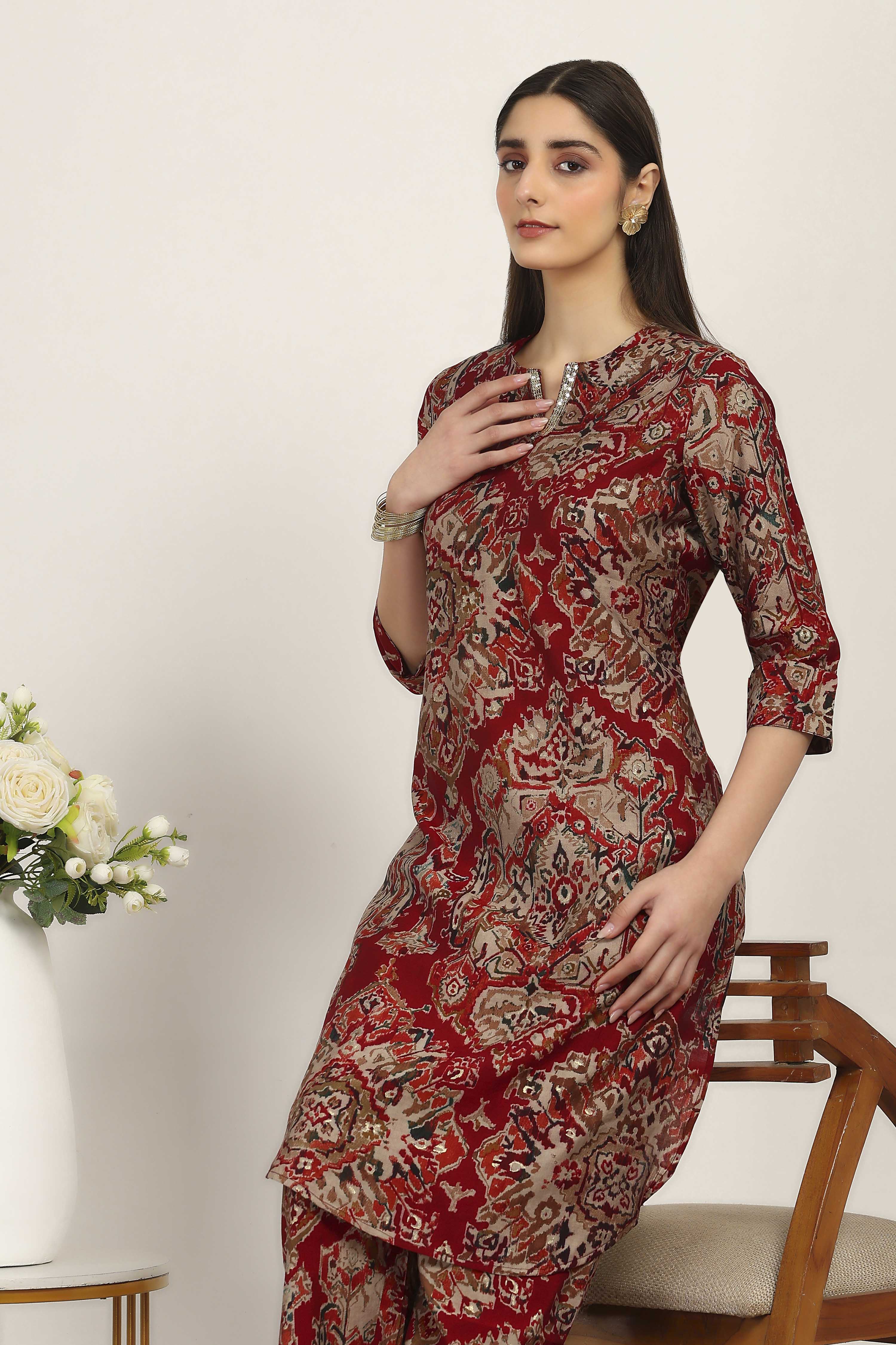 Red Viscose Polyester Viscose Rayon Kurta Pants Set image number 6