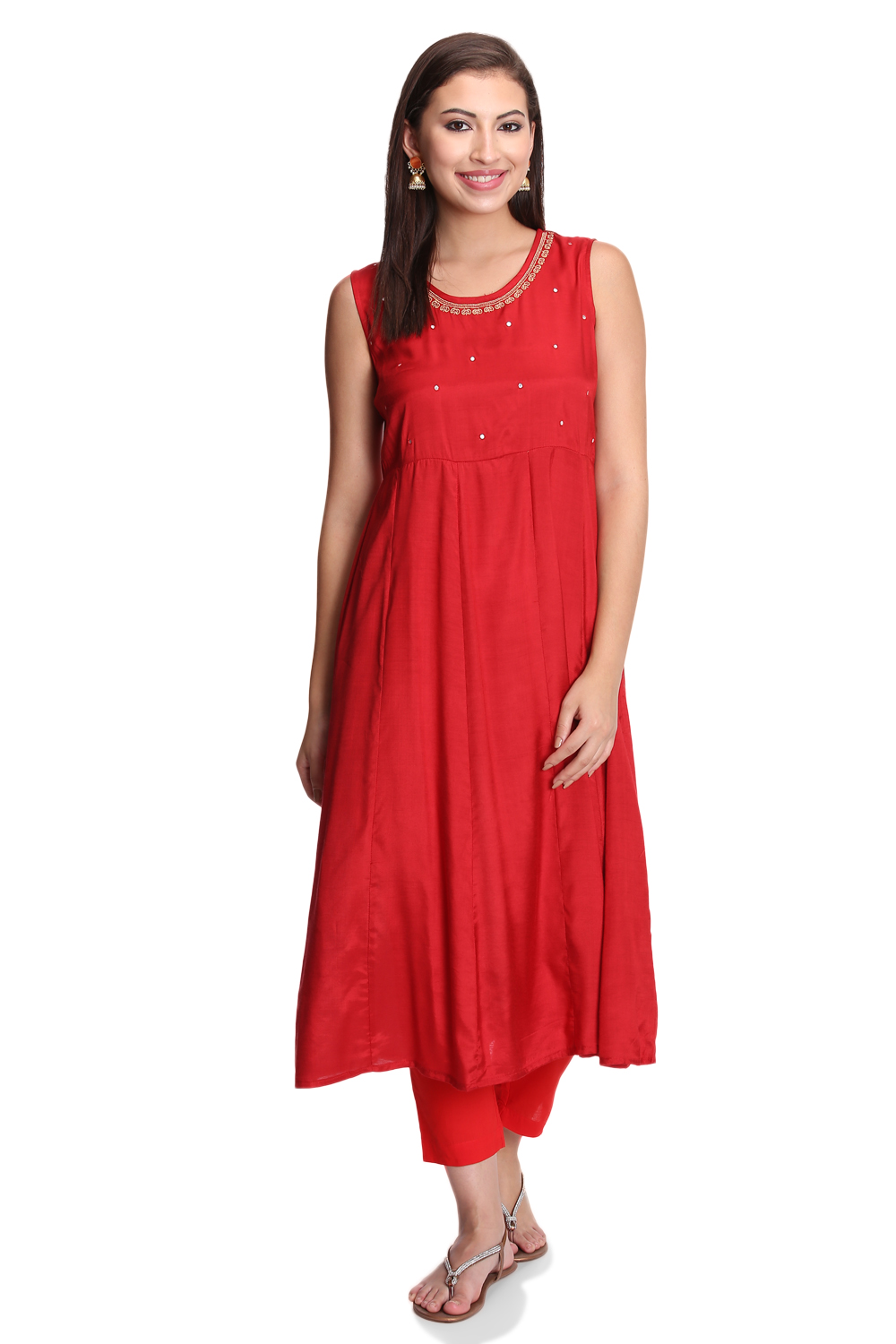 Red Kalidar Poly Cotton Kurta image number 5