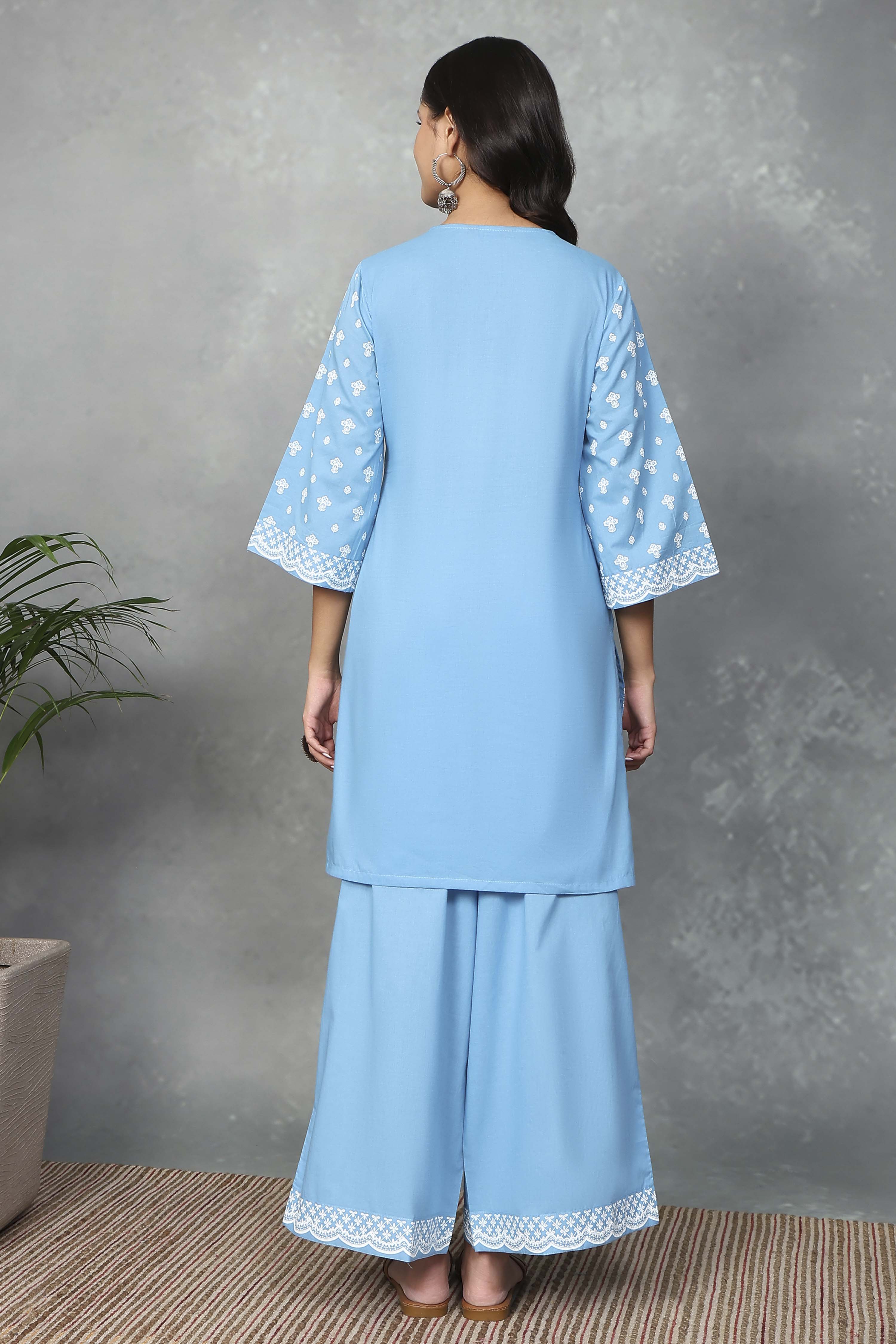 Blue Cotton Printed Kurta Palazzo Set image number 4