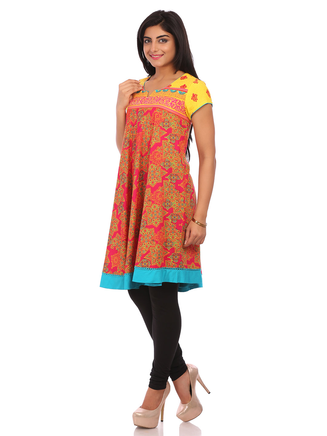 Yellow Cotton Flared Kurta image number 3