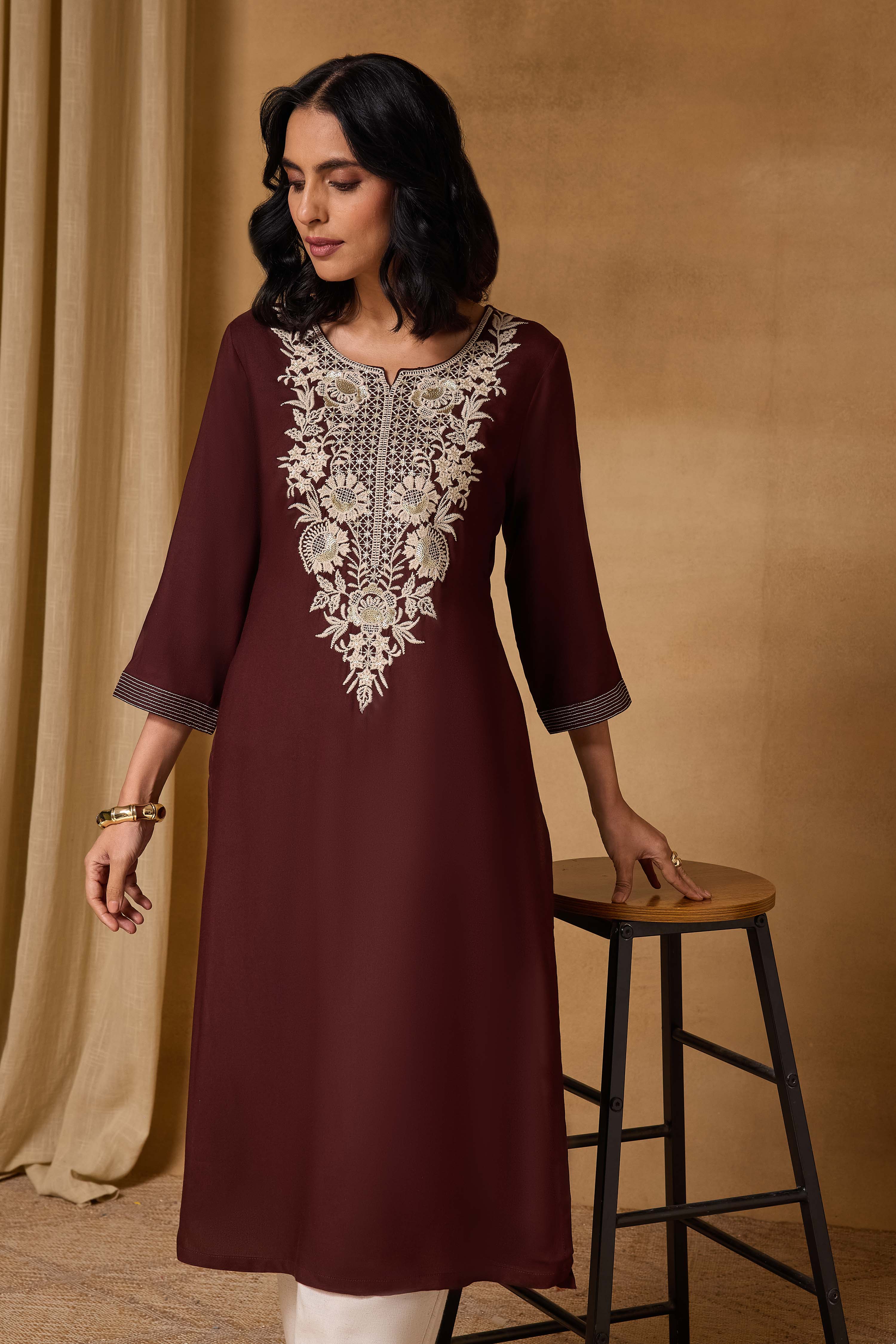 Brown Viscose Rayon Straight Printed Kurta image number 7