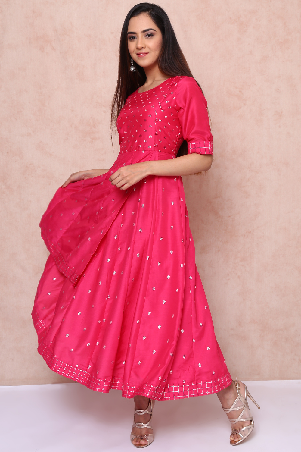 Fuschia Art Silk Kalidar Asymmetric Dress image number 5