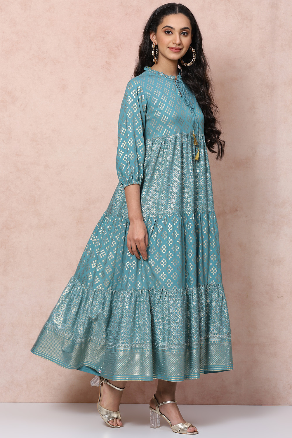 Green Viscose Rayon Tiered Dress image number 3