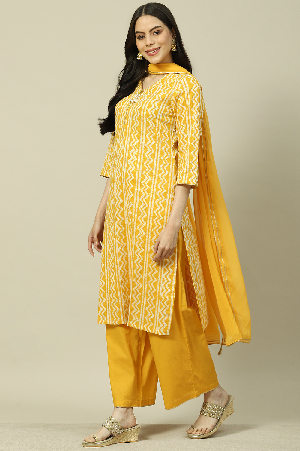 Yellow Cotton Blend Woven Straight Kurta Suit Set image number 5