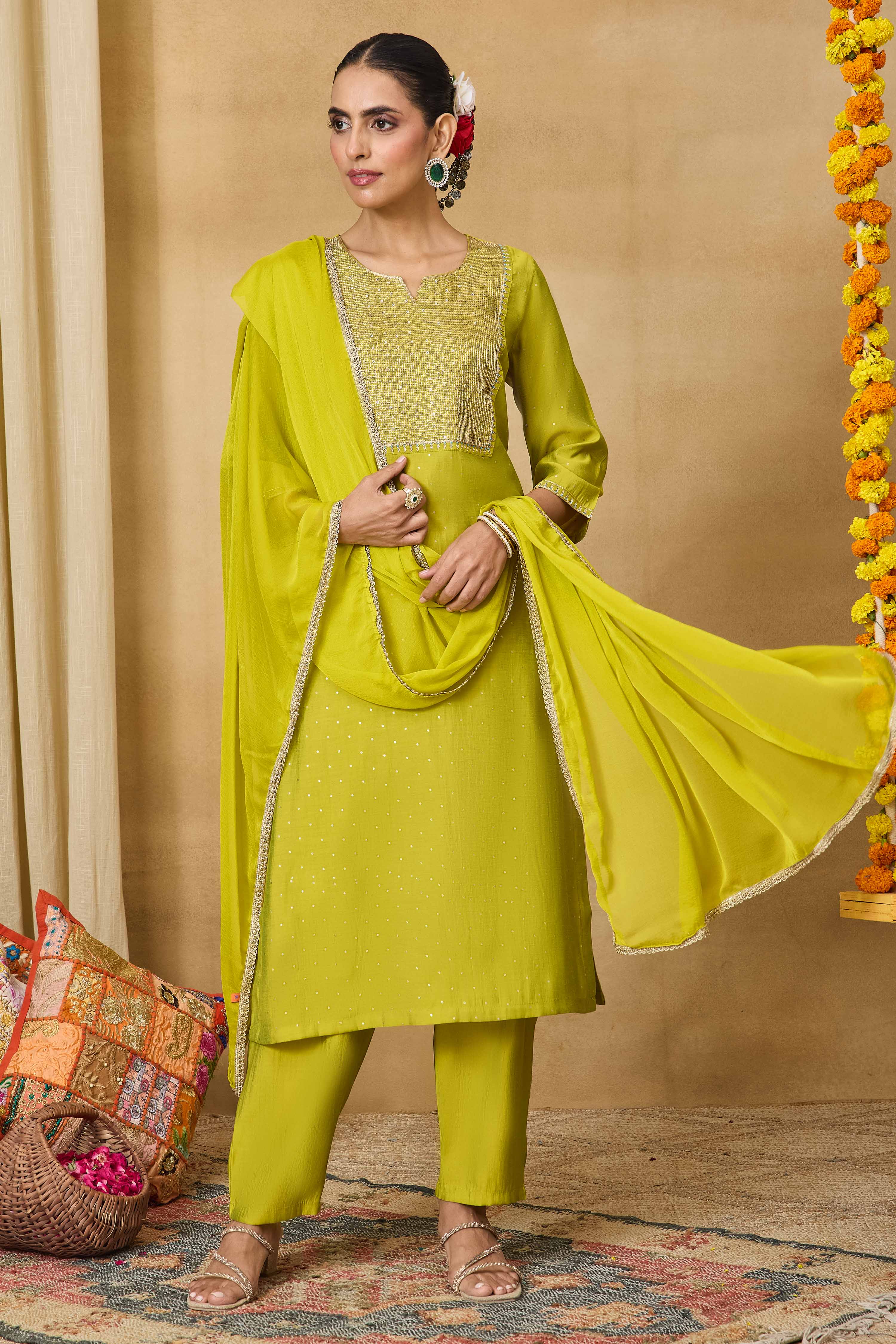Lime Viscose Blend Straight Printed Suit Set image number 4