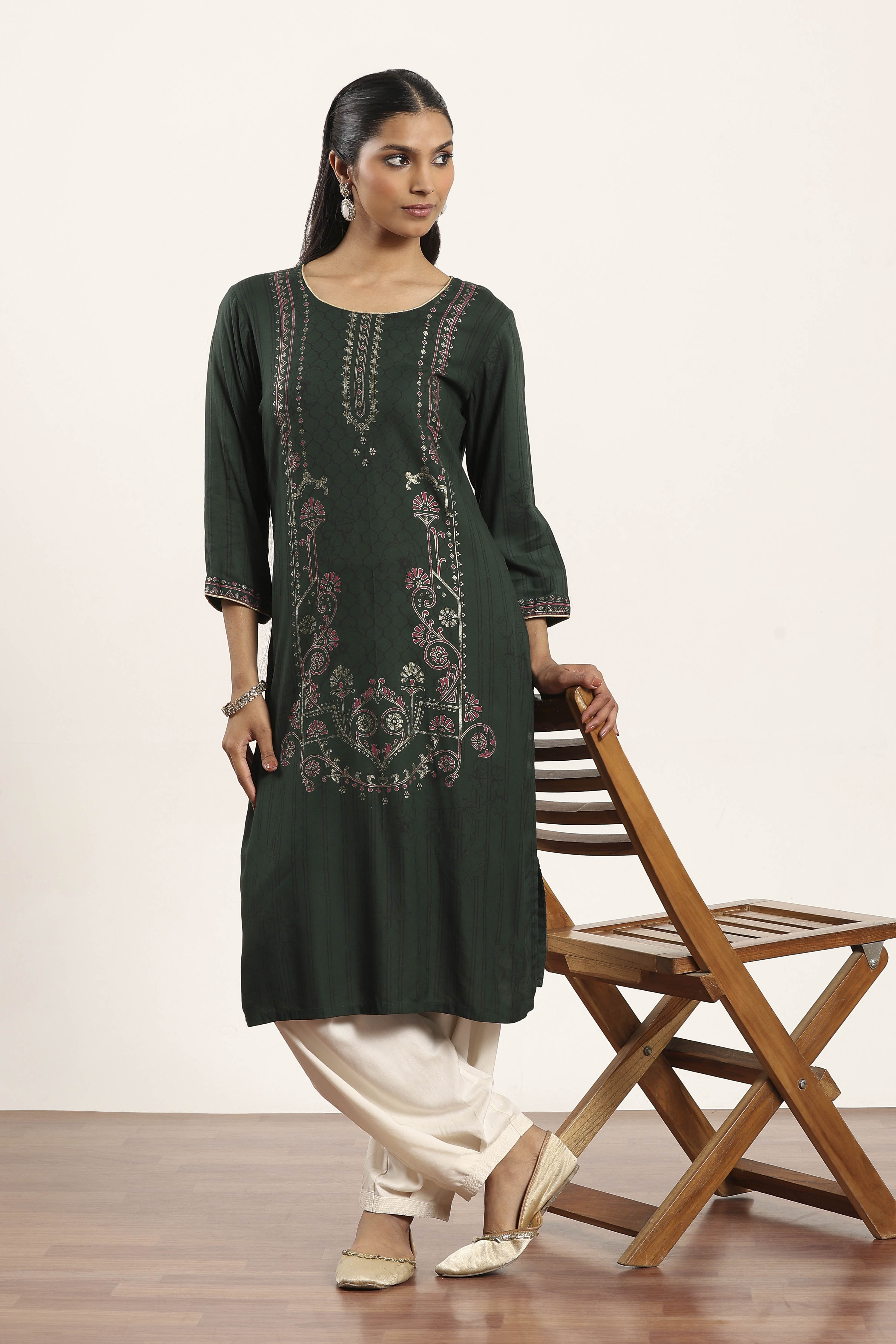 Olive Green Viscose Rayon Flared Kurta Pants Set image number 0