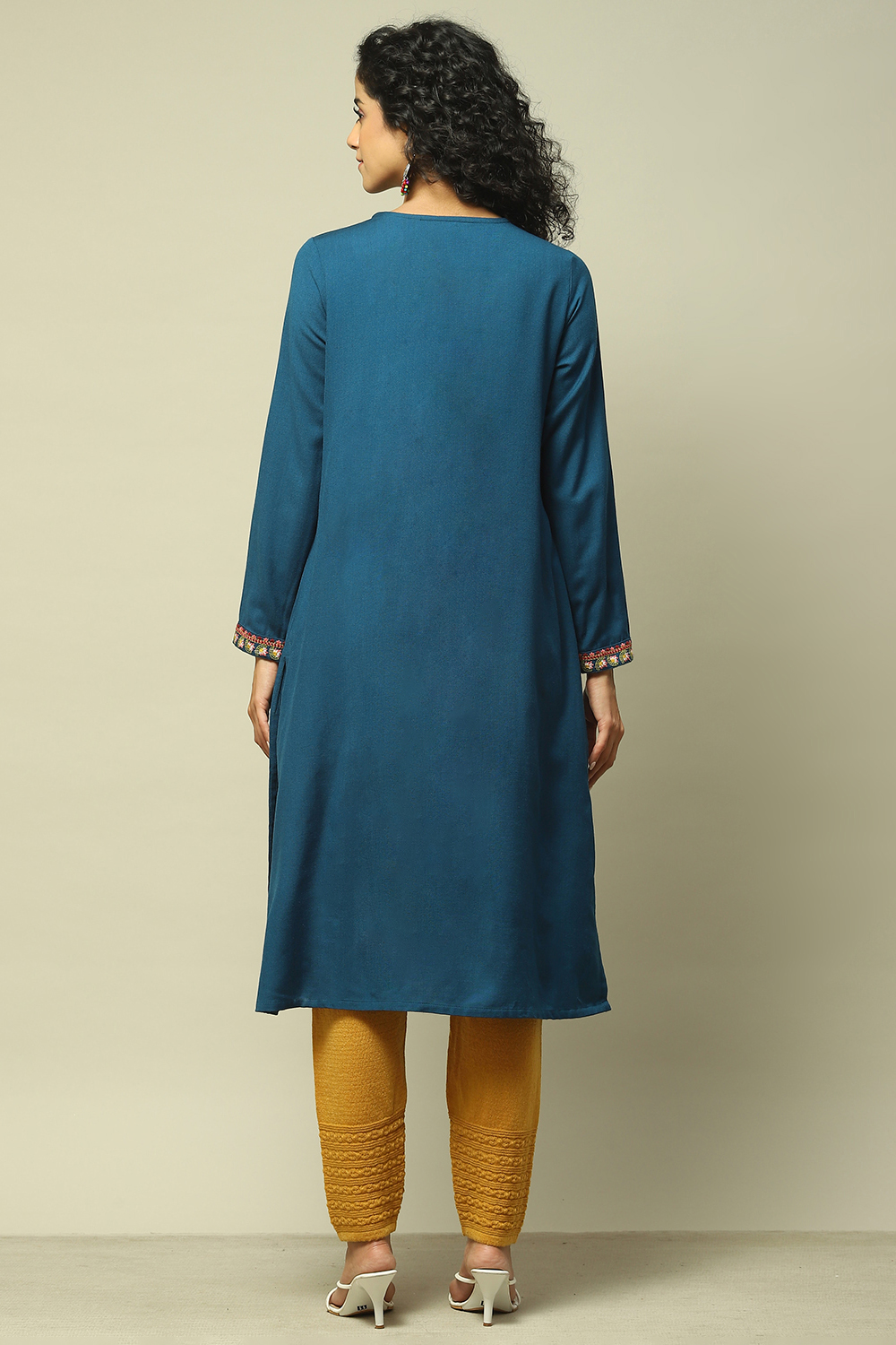 Teal Blue Acrylic Solid Kurta image number 3