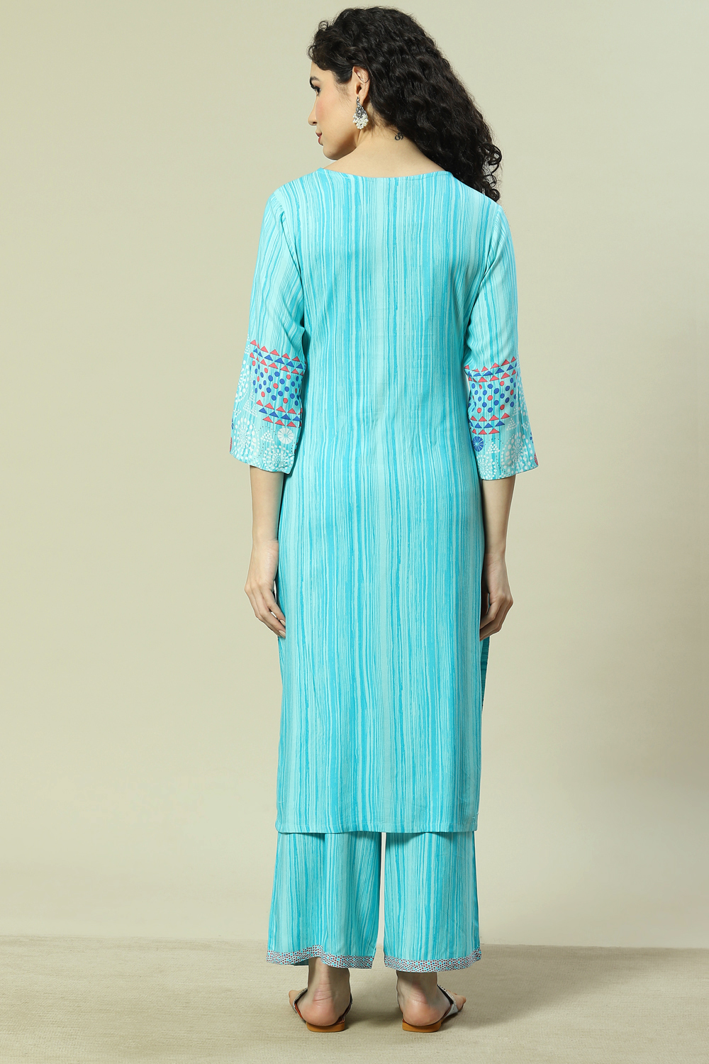 Turquoise LIVA Woven Straight Kurta Suit Set image number 4