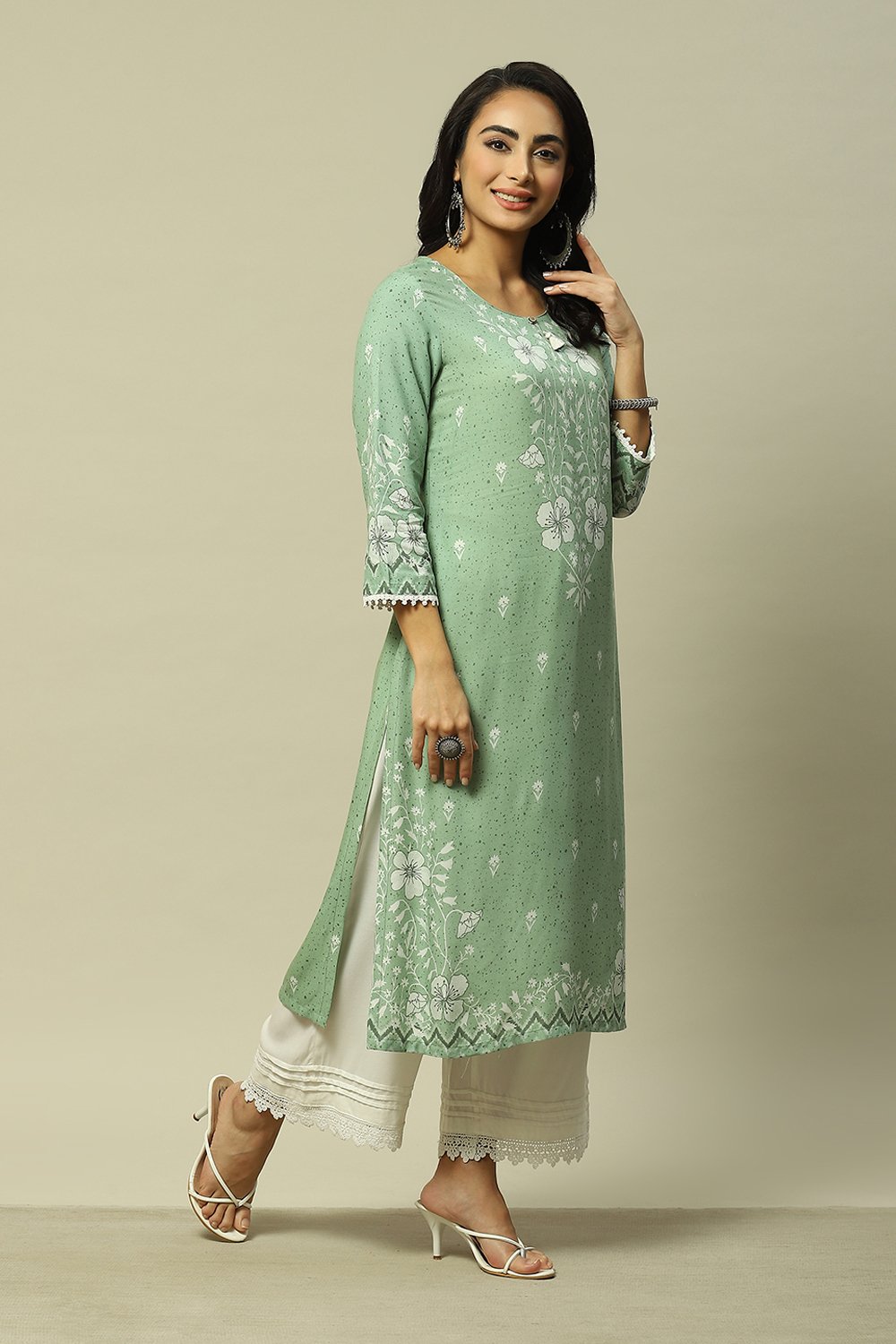 Green LIVA Straight Printed Kurta image number 4