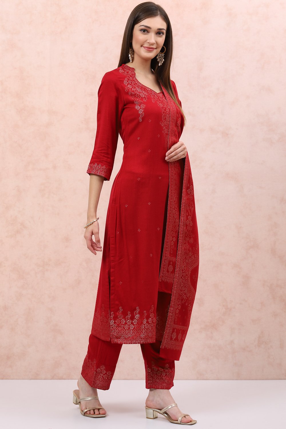 Red Art Silk Straight Suit Set image number 6