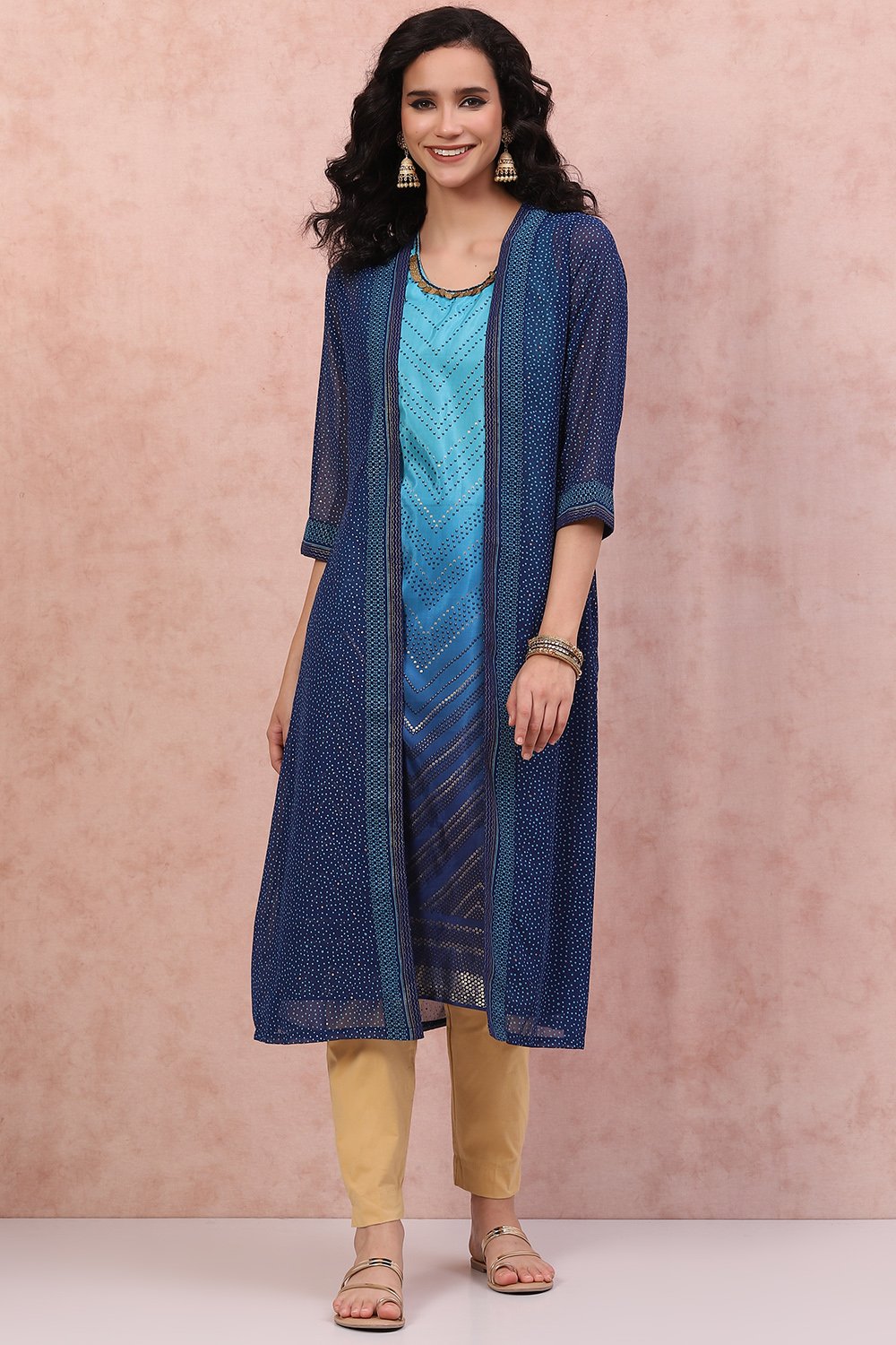 Turq Blue Art Silk Bandhani Kurta image number 6