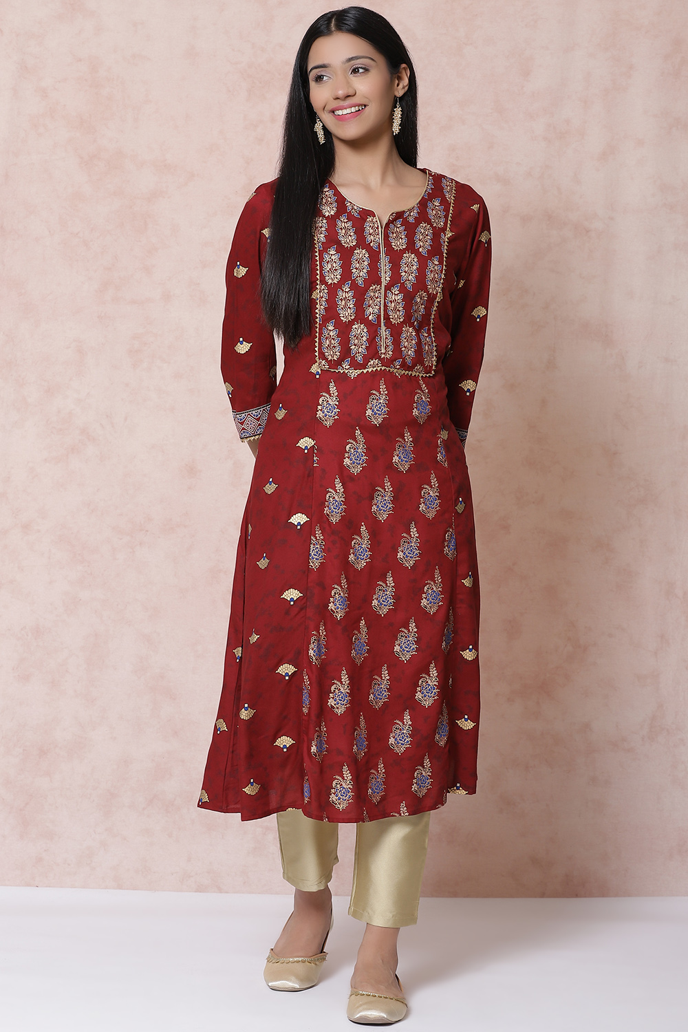 Maroon LIVA A Line Kurta image number 0