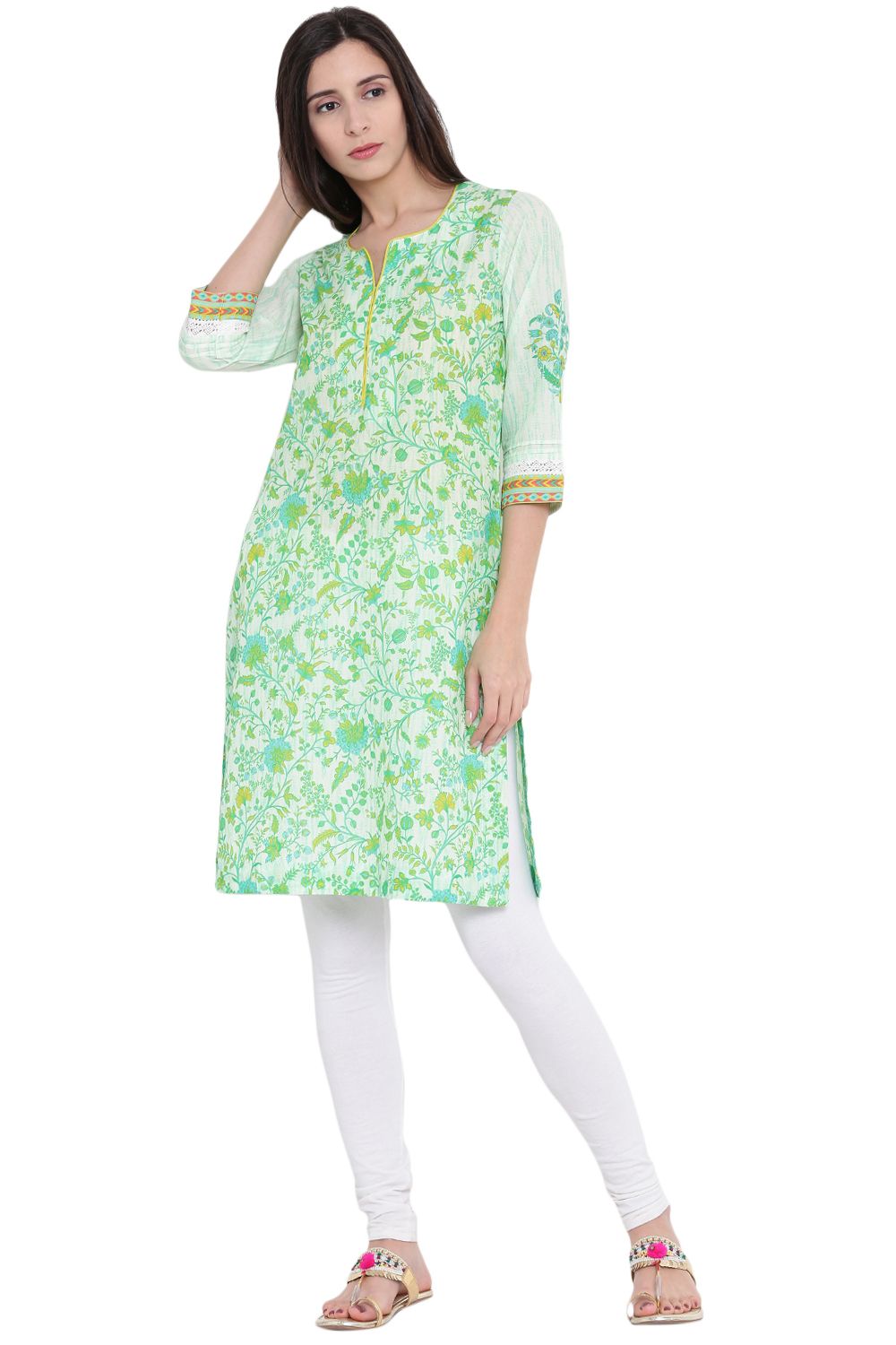 Green Cotton A-Line Kurta image number 3