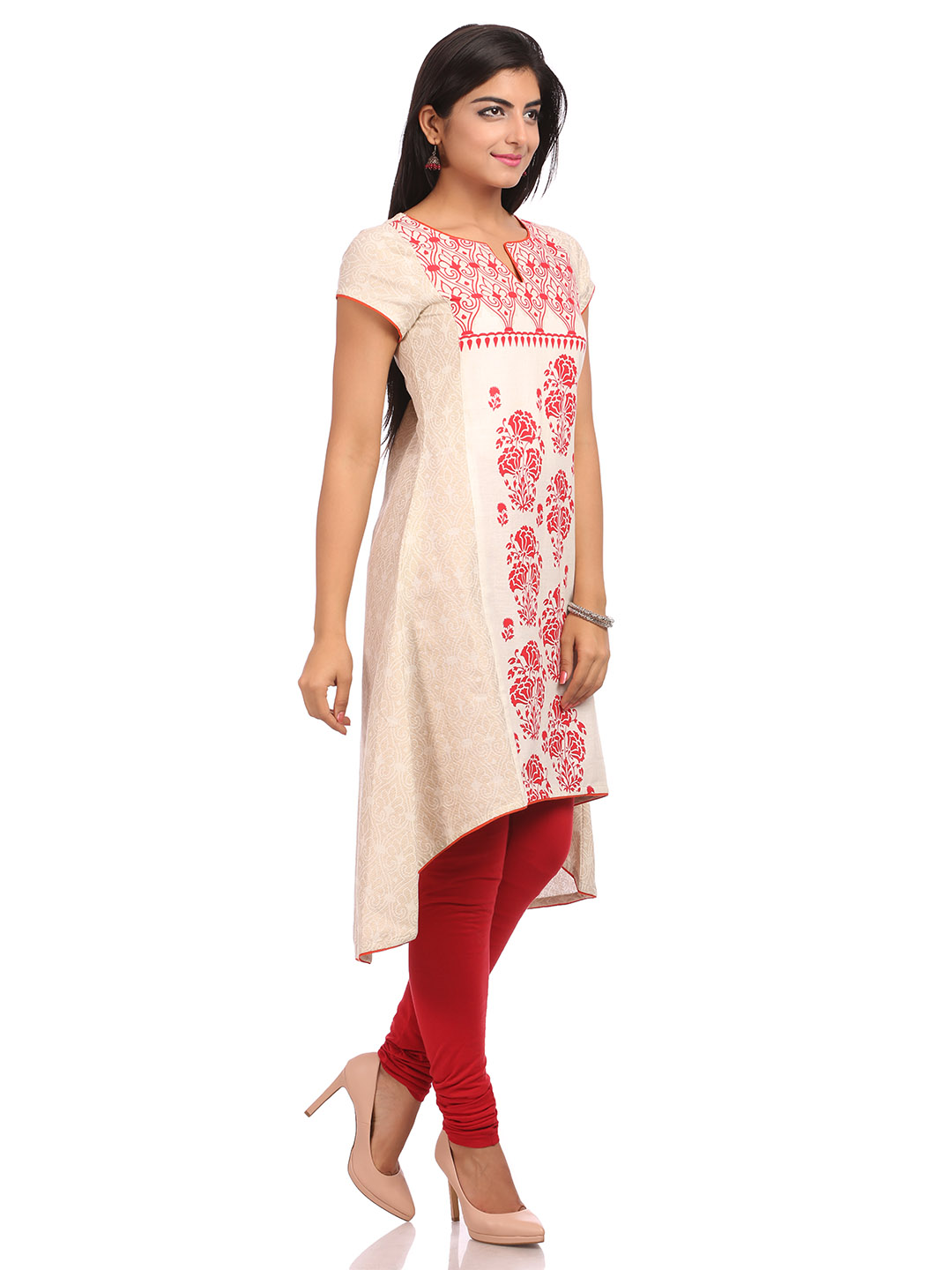 Beige Asymmetric Cotton Kurta image number 2