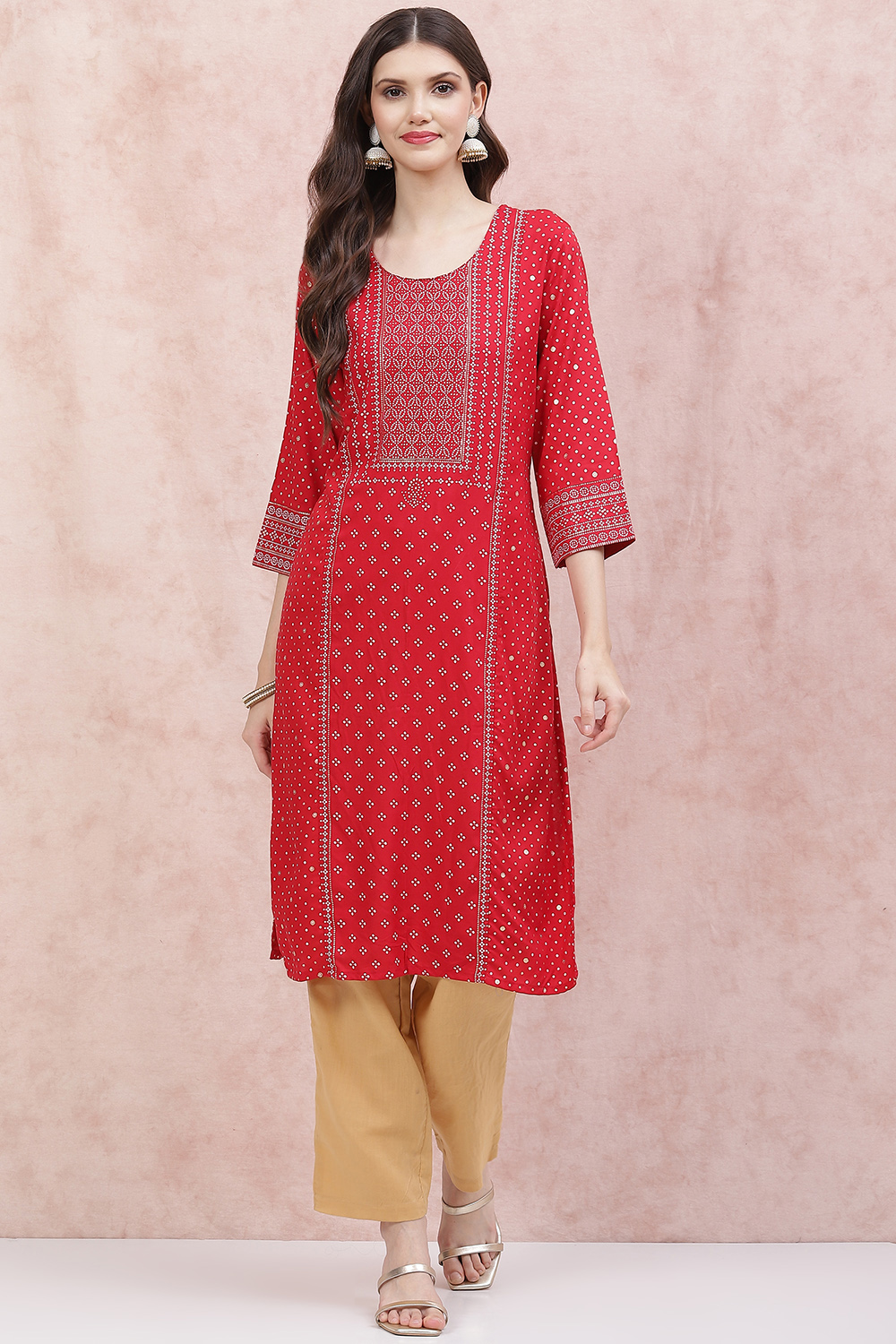 Red LIVA Straight Kurta image number 0