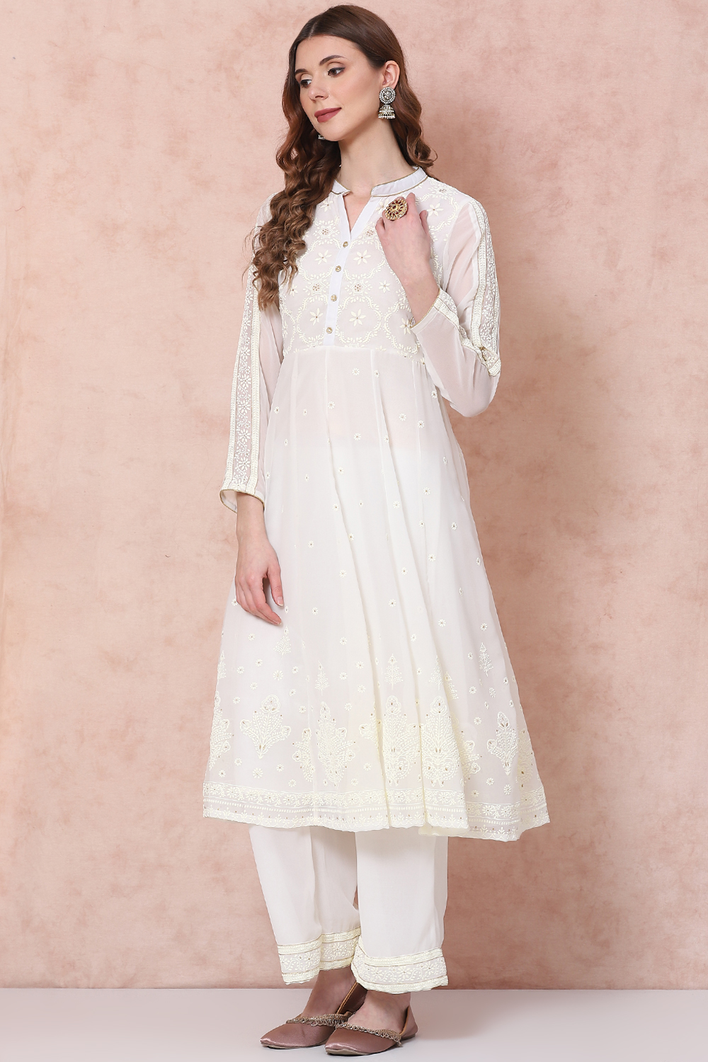 Off White Art Silk Kalidar Kurta image number 2