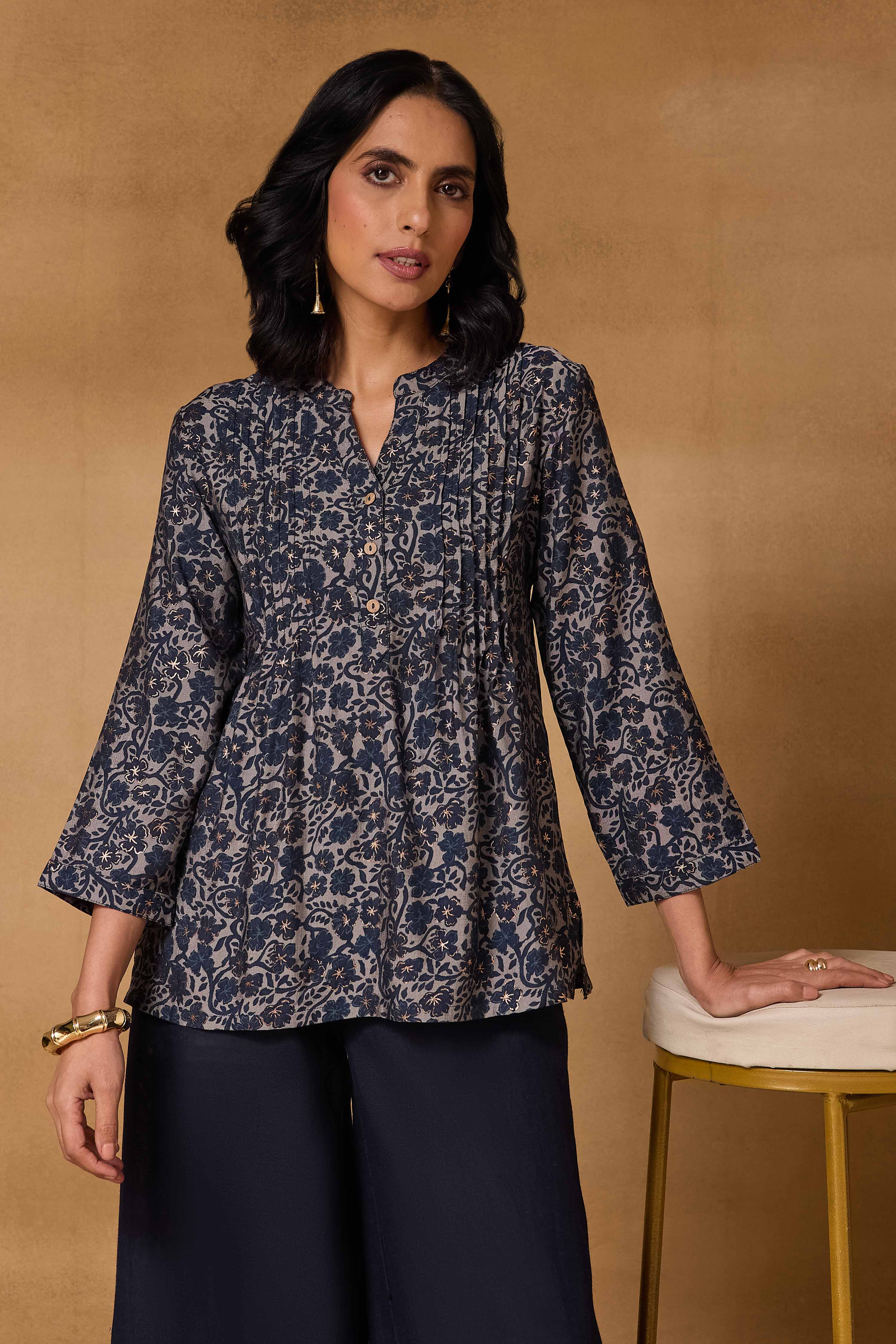 Blue Viscose Blend Regular Printed Top image number 7