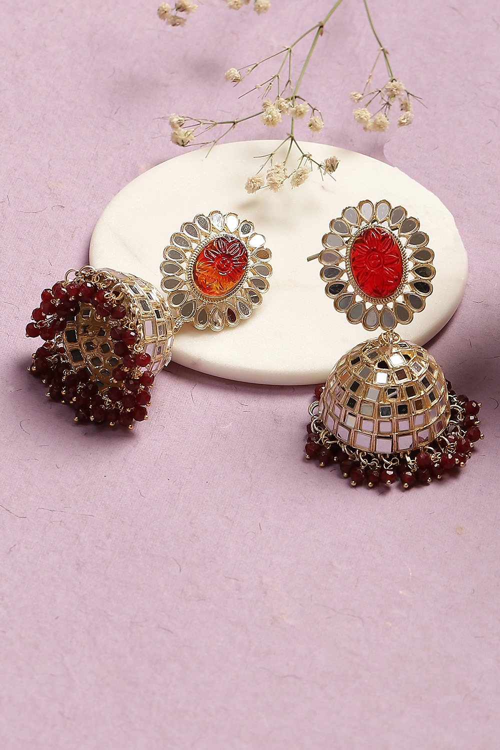 Maroon Mirror Work Jhumkas image number 0