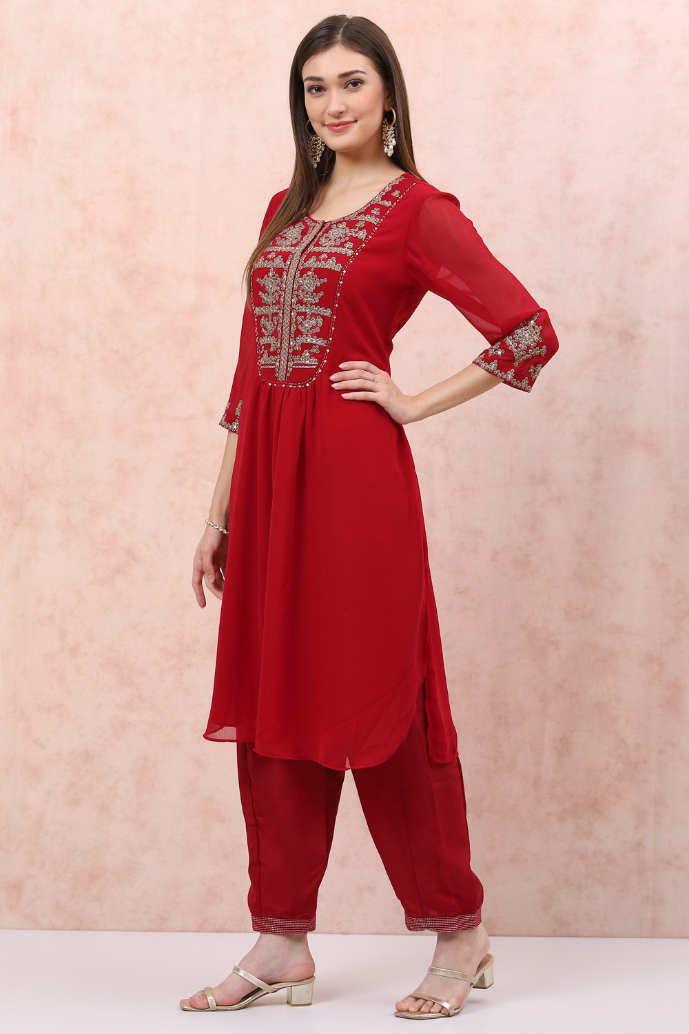Red Art Silk Straight Suit Set image number 4