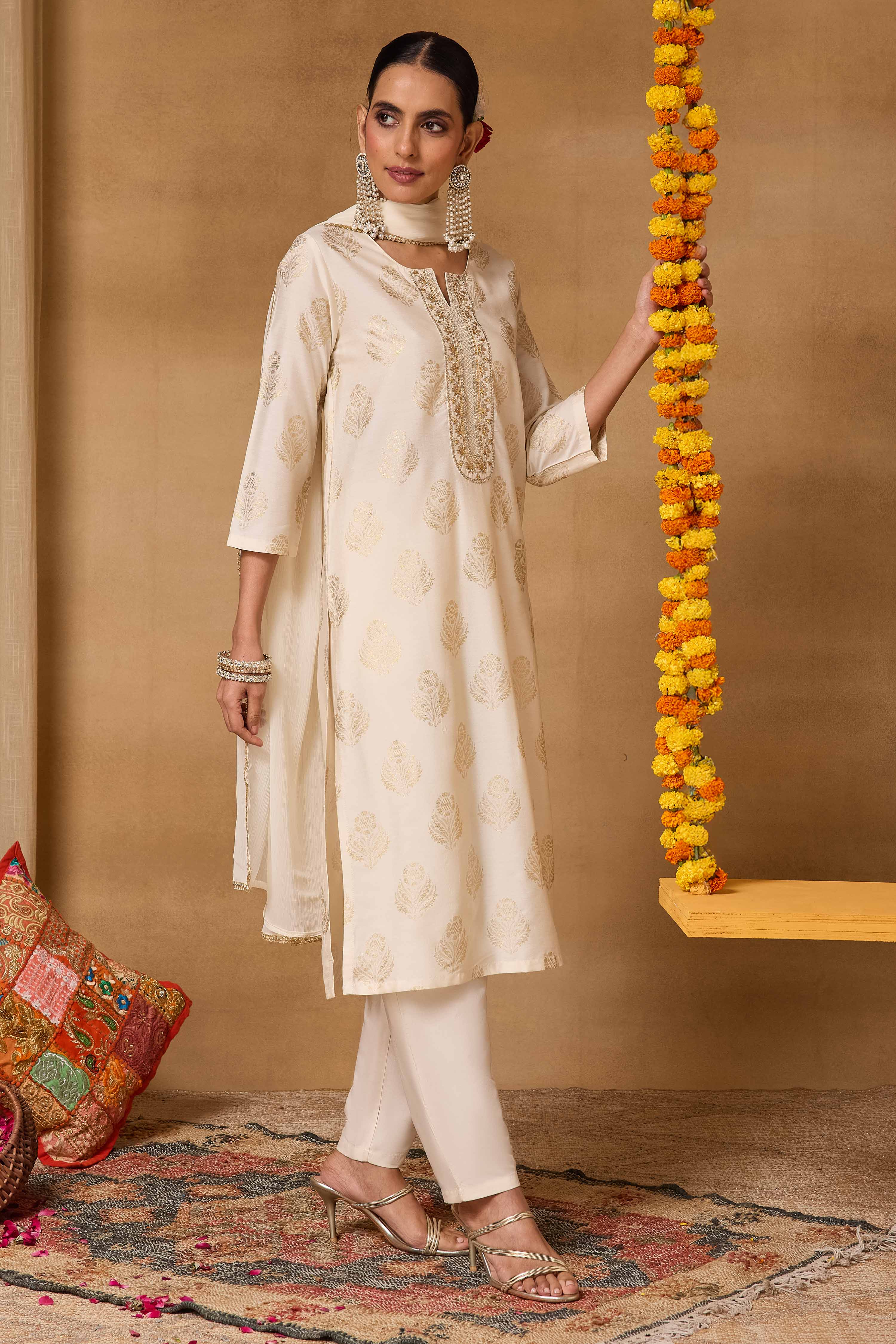 Off White Viscose Blend Straight Printed Suit Set image number 6