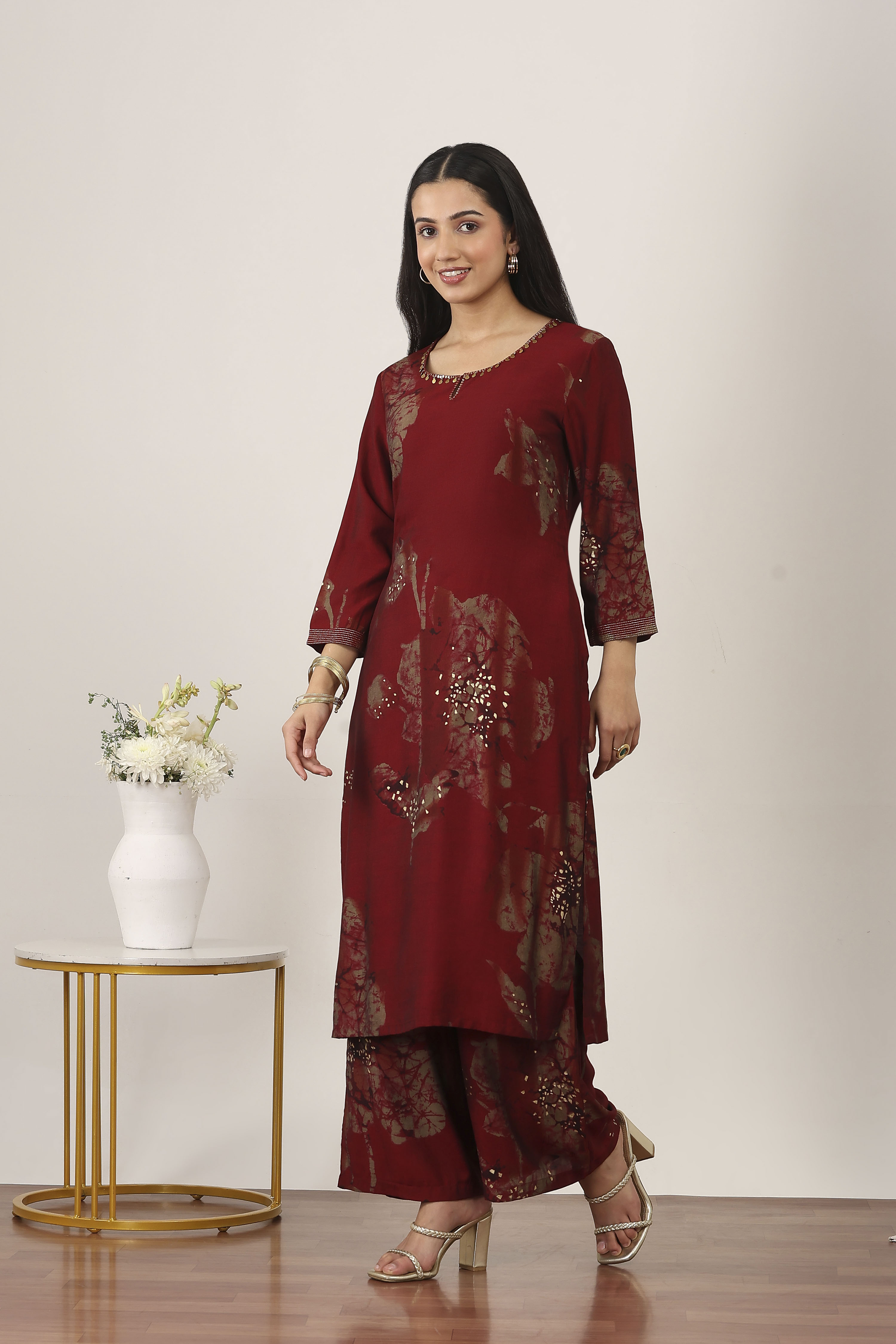 Yellow Viscose Polyester Kurta Pants Set image number 3