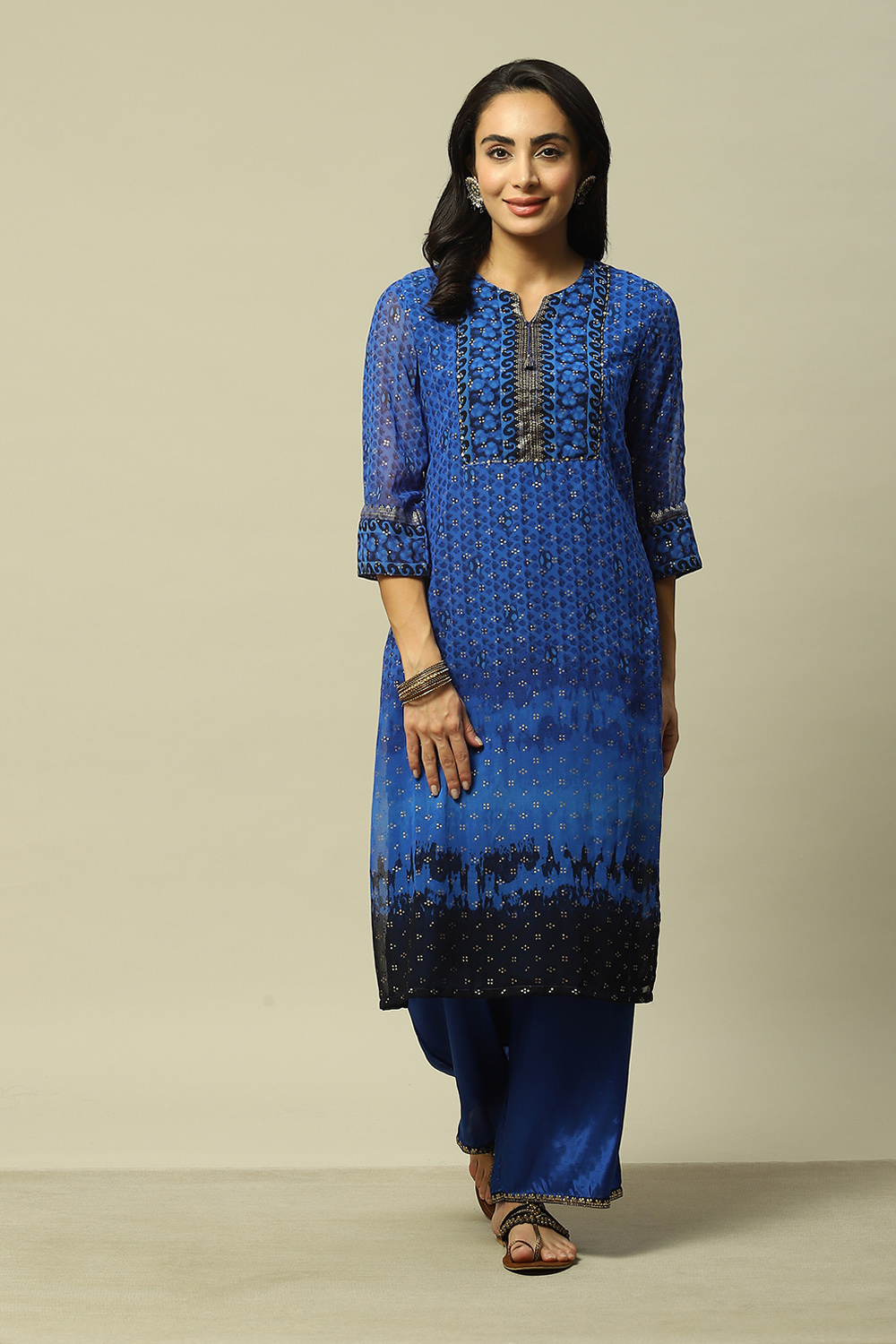 Cobalt Blue Polyester Straight Printed Kurta image number 6