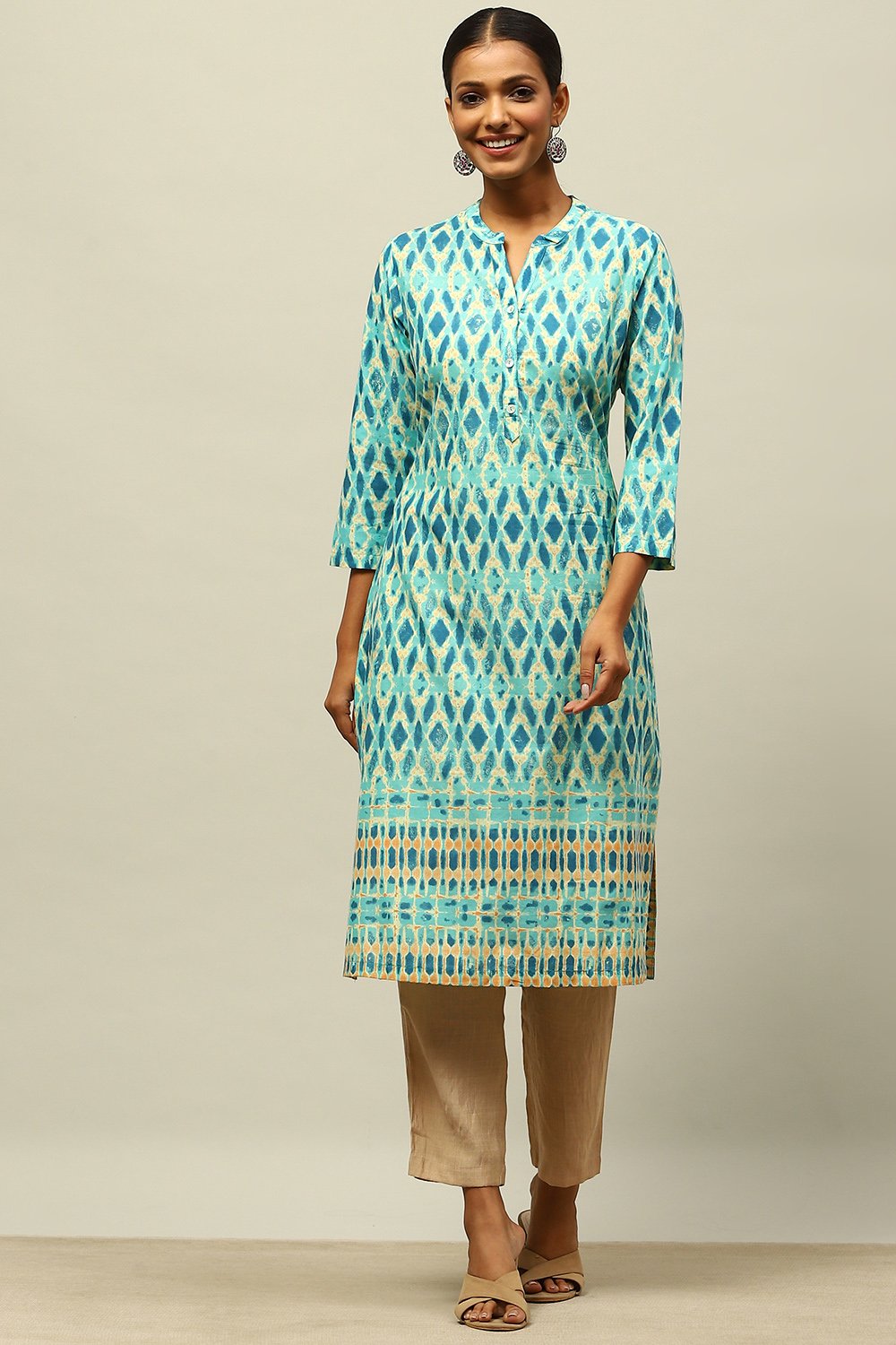 Blue Cotton Printed Straight Kurta image number 0