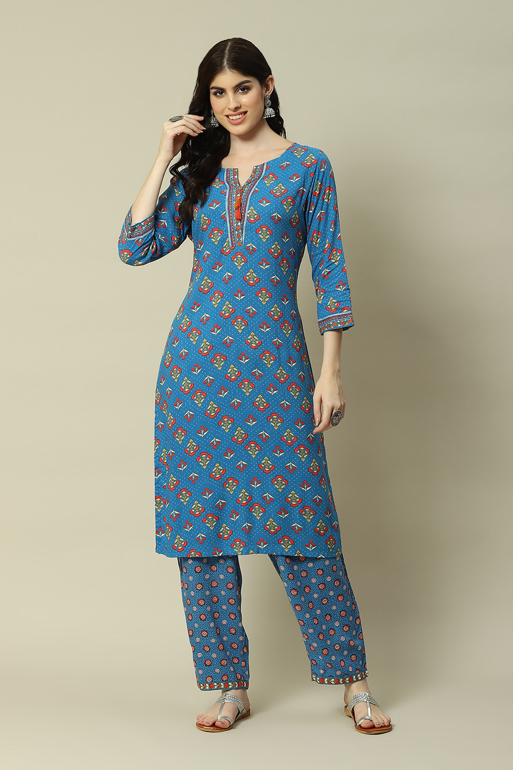 Ecru LIVA Straight Printed Kurta Palazzo Suit Set image number 6