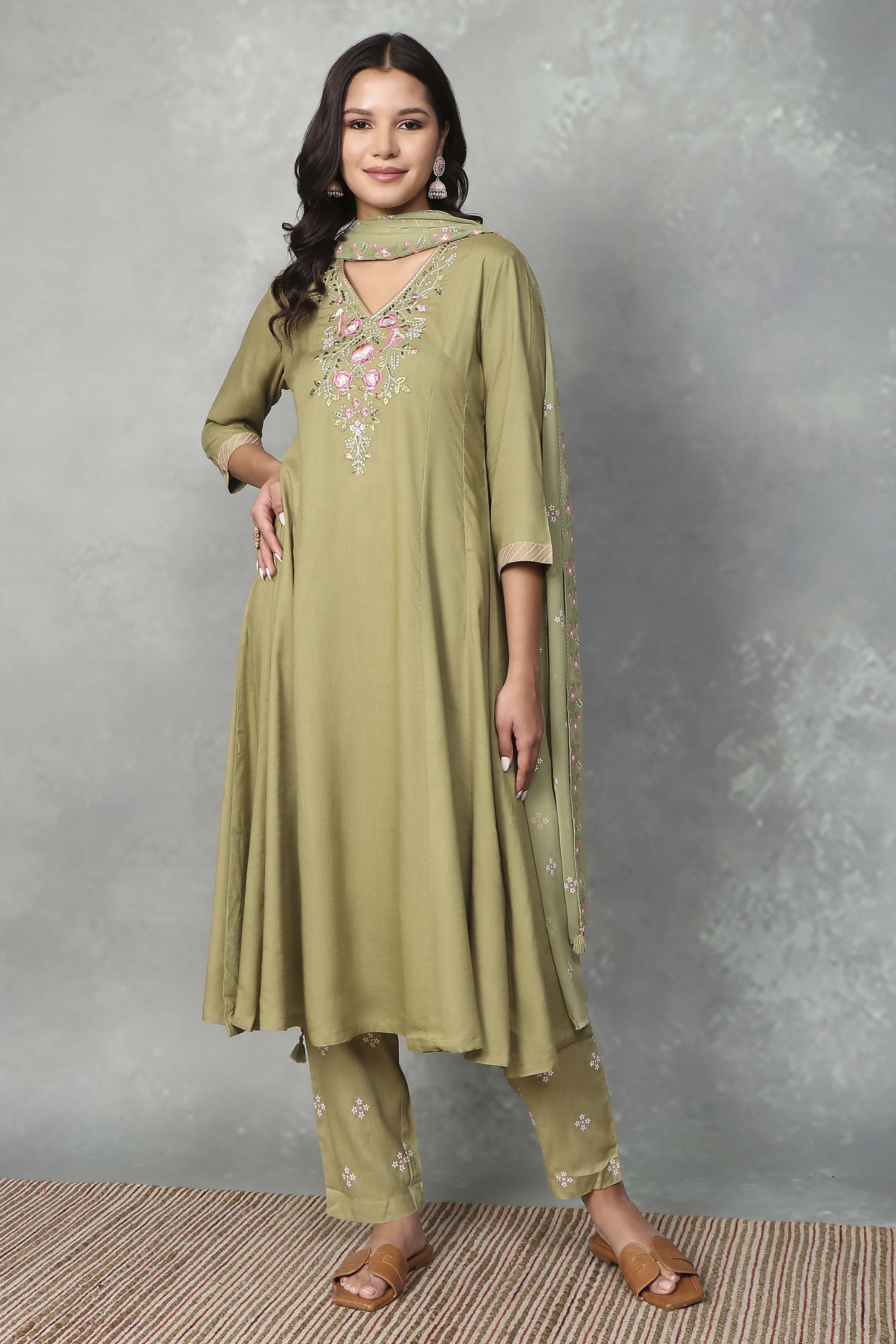 Sage Green Embroidered Kalidar Suit Set image number 6