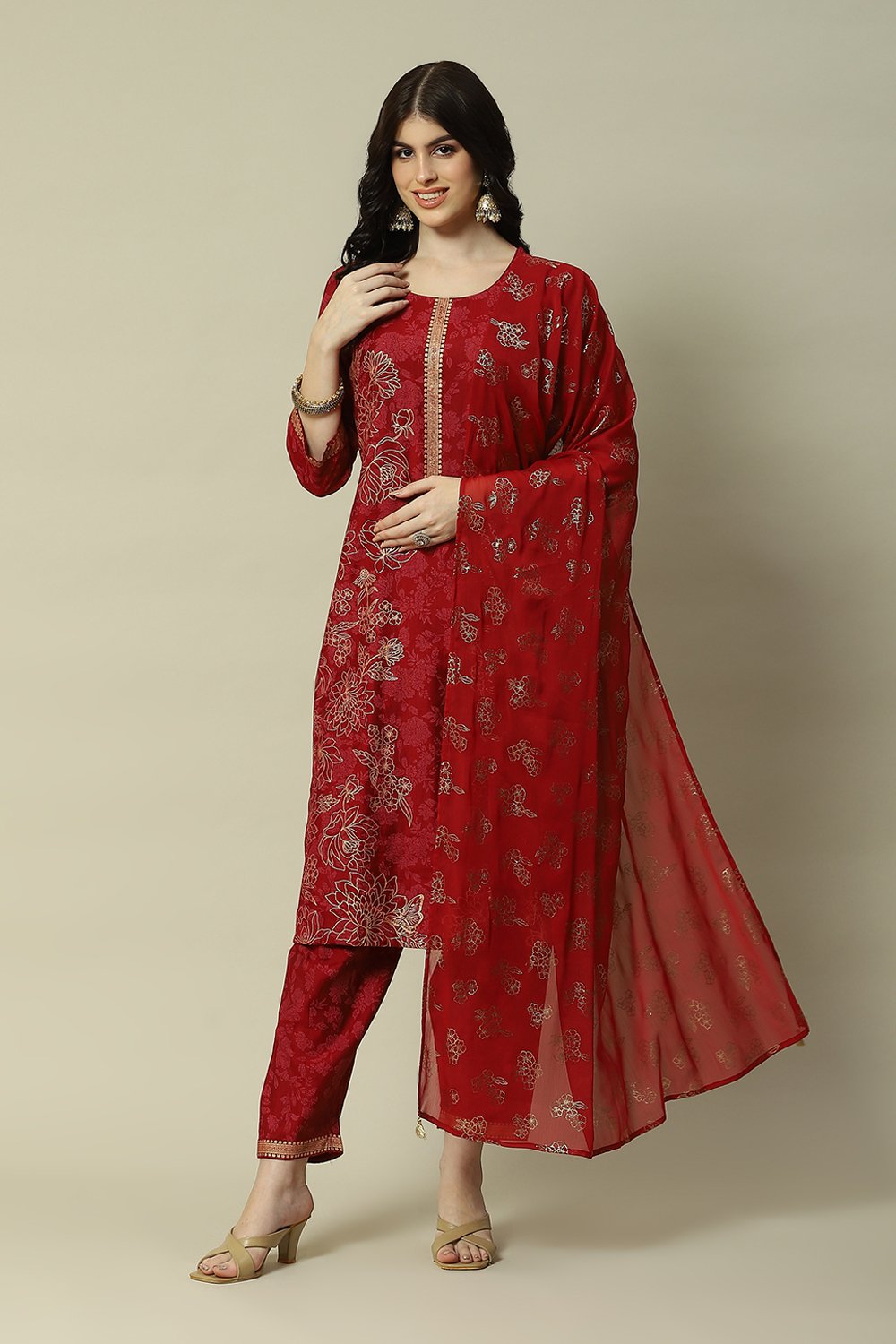 Pink LIVA Blend Straight Printed Kurta Palazzo Suit Set image number 7