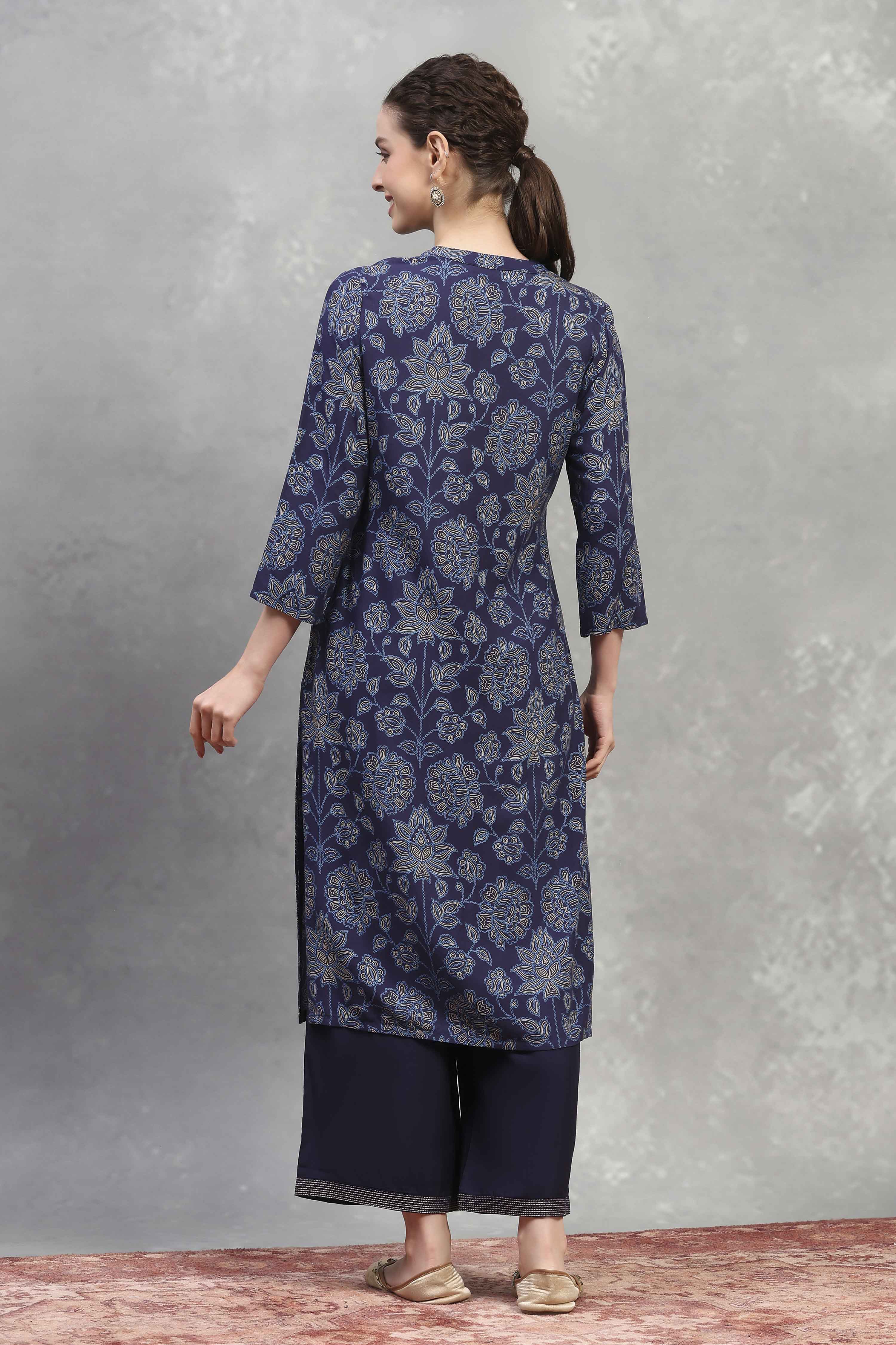 Blue Viscose Rayon Printed Straight Kurta image number 3