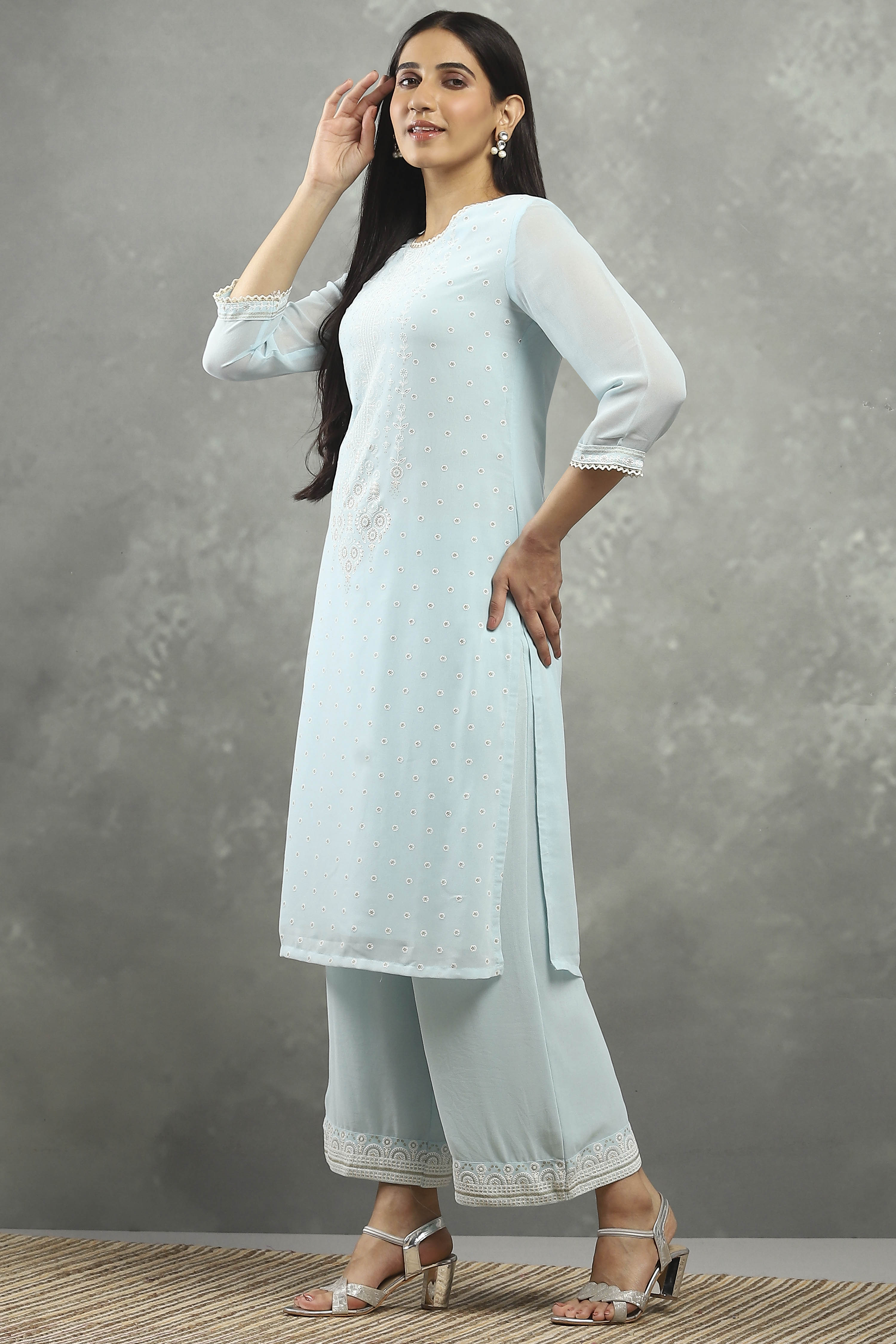 Blue Viscose Straight Kurta Pants Set image number 3