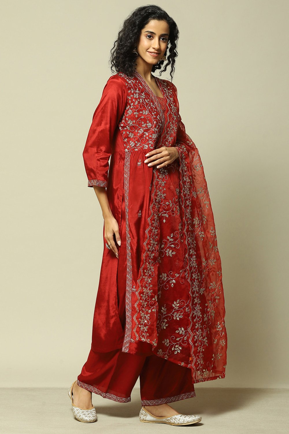 Rust Viscose Gathered Embroidered Kurta Palazzo Suit Set image number 6