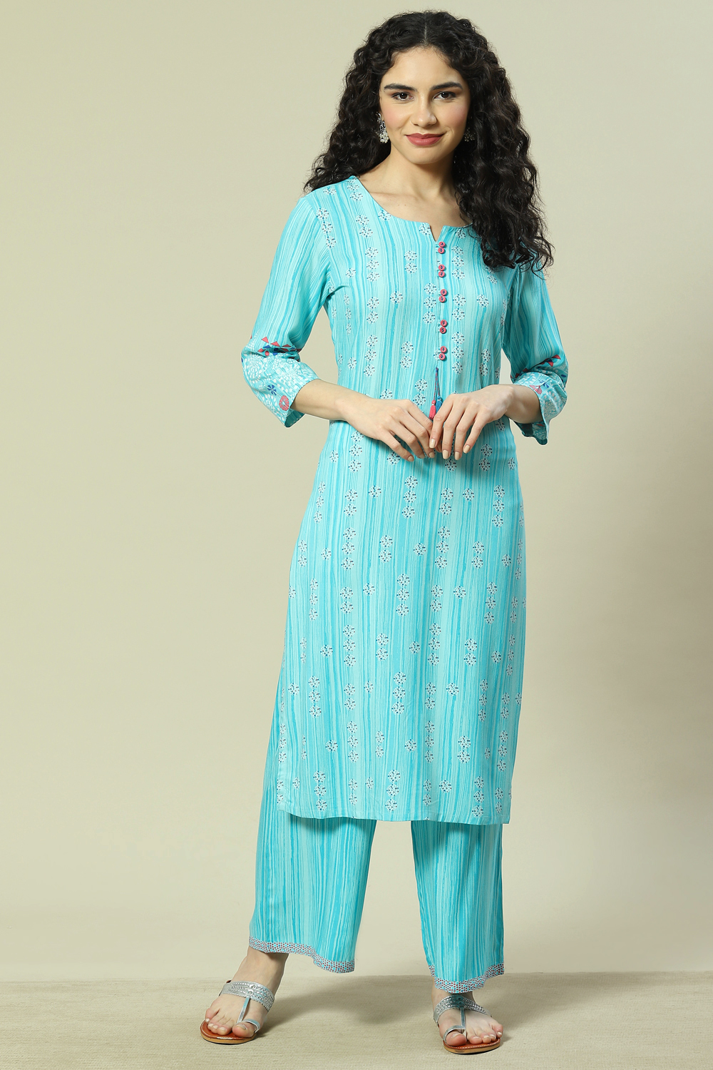 Turquoise LIVA Woven Straight Kurta Suit Set image number 6