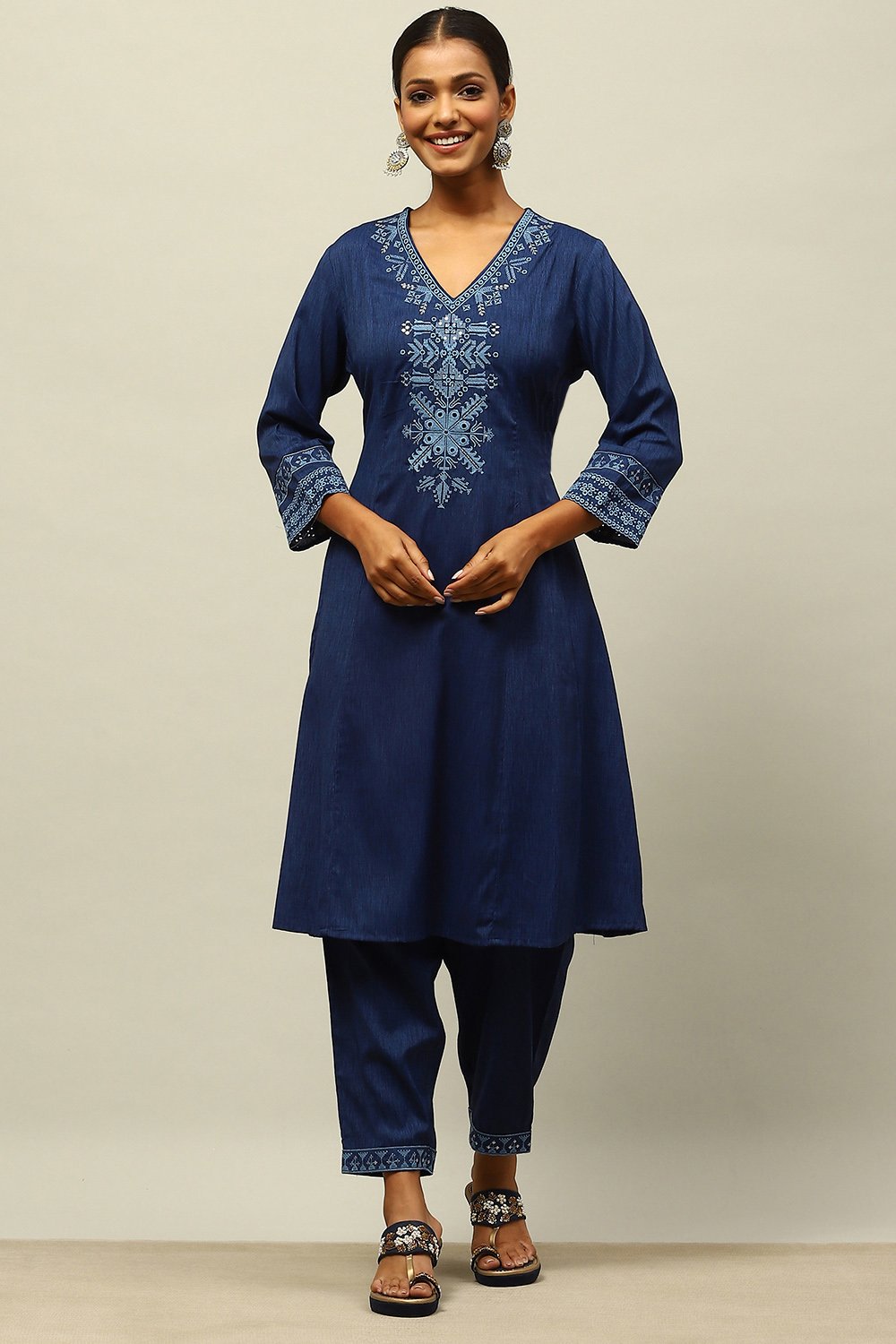Blue Viscose Blend Straight Embroidered Kurta Palazzo Suit Set image number 0