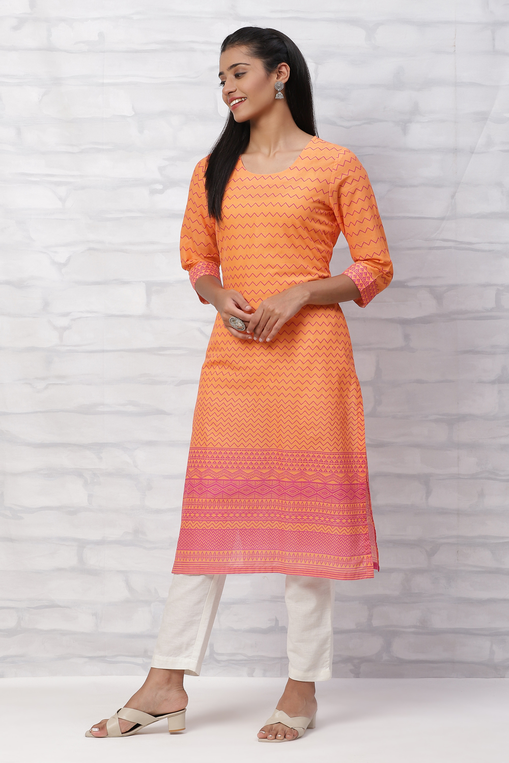 Orange Cambric Cotton Straight Kurta image number 2