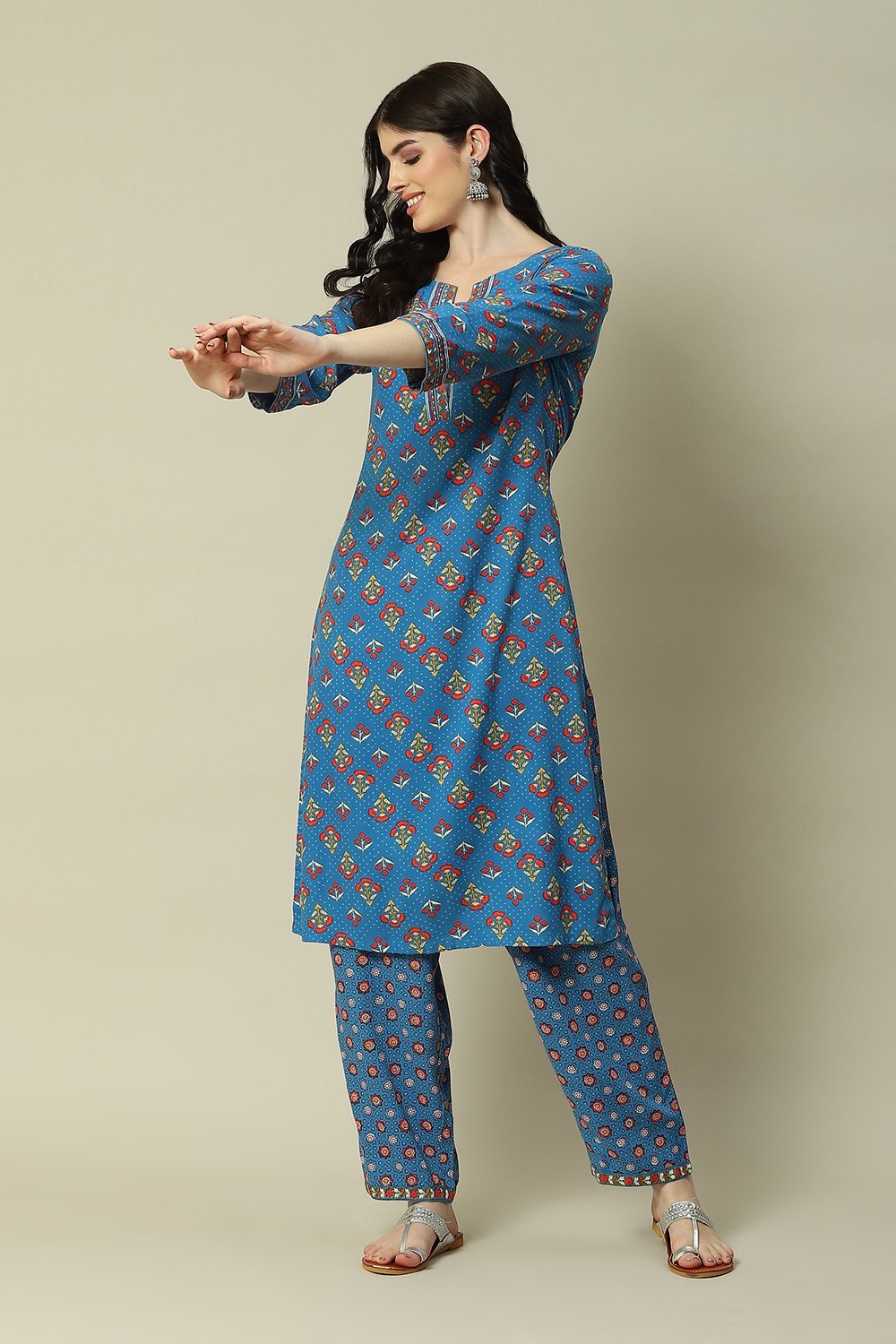 Ecru LIVA Straight Printed Kurta Palazzo Suit Set image number 0