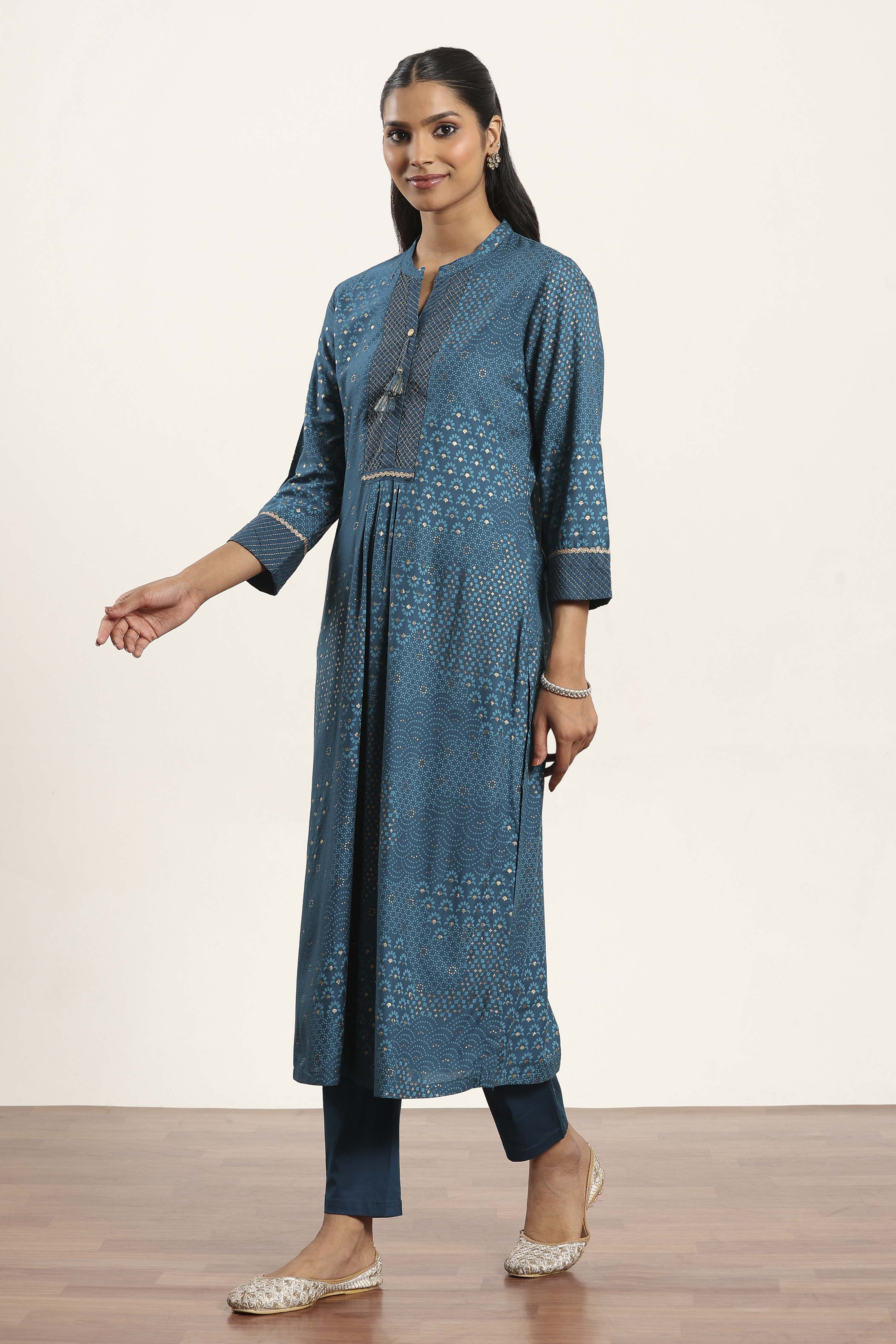 Teal Blue Viscose Rayon Straight Kurta Pants Set image number 3