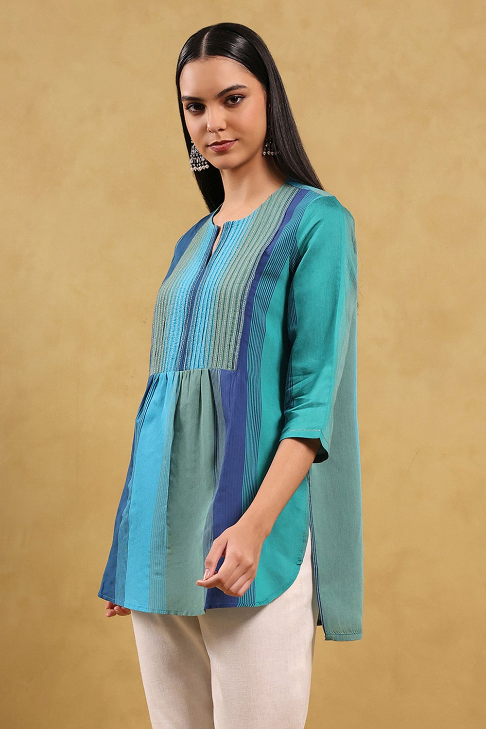 Blue Viscose Blend Solid Tiered Top image number 2