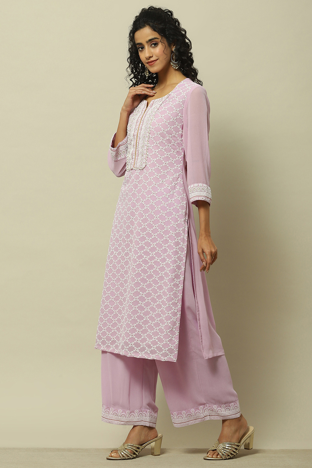 Mauve Poly Georgette Straight Kurta image number 3