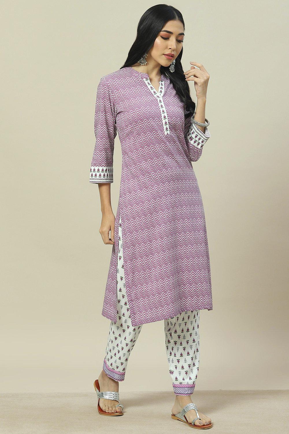 Lavendar LIVA Woven Straight Kurta Suit Set image number 4