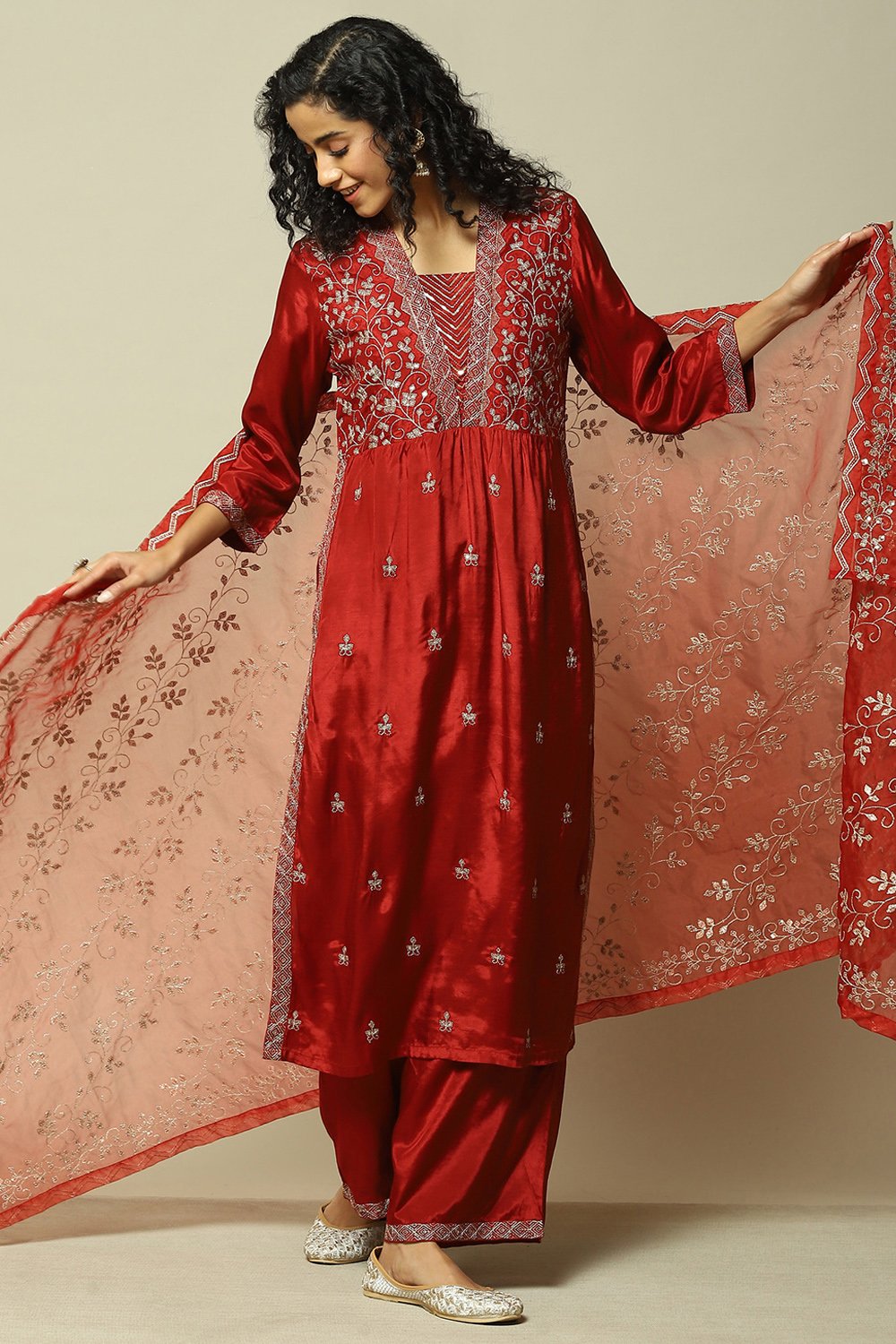 Rust Viscose Gathered Embroidered Kurta Palazzo Suit Set image number 0