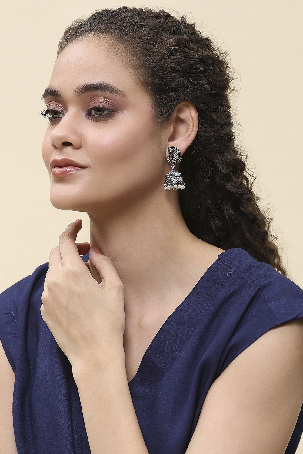 Navy Brass Jhumka image number 3