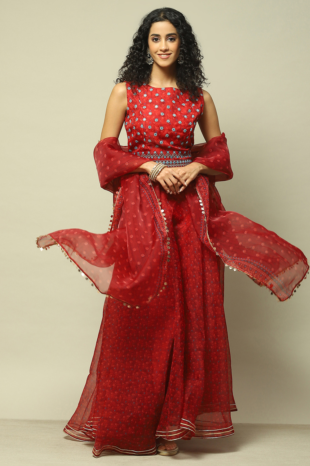 Red Polyester Flared Printed Lehenga set image number 7