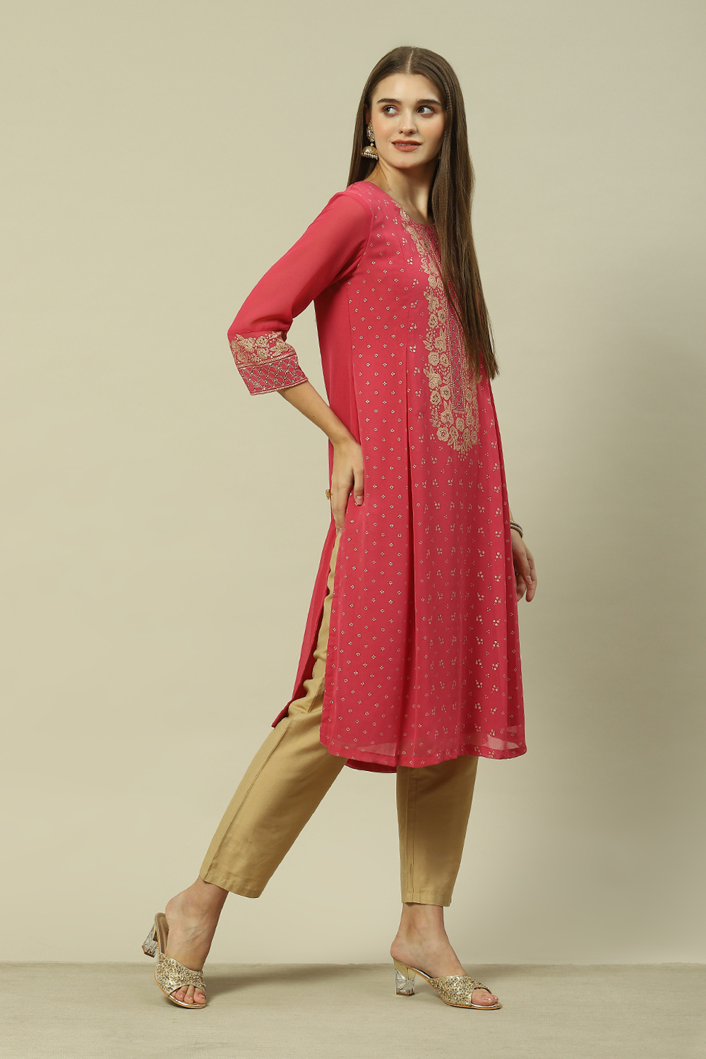 Pink Polyester Straight Printed Kurta image number 4