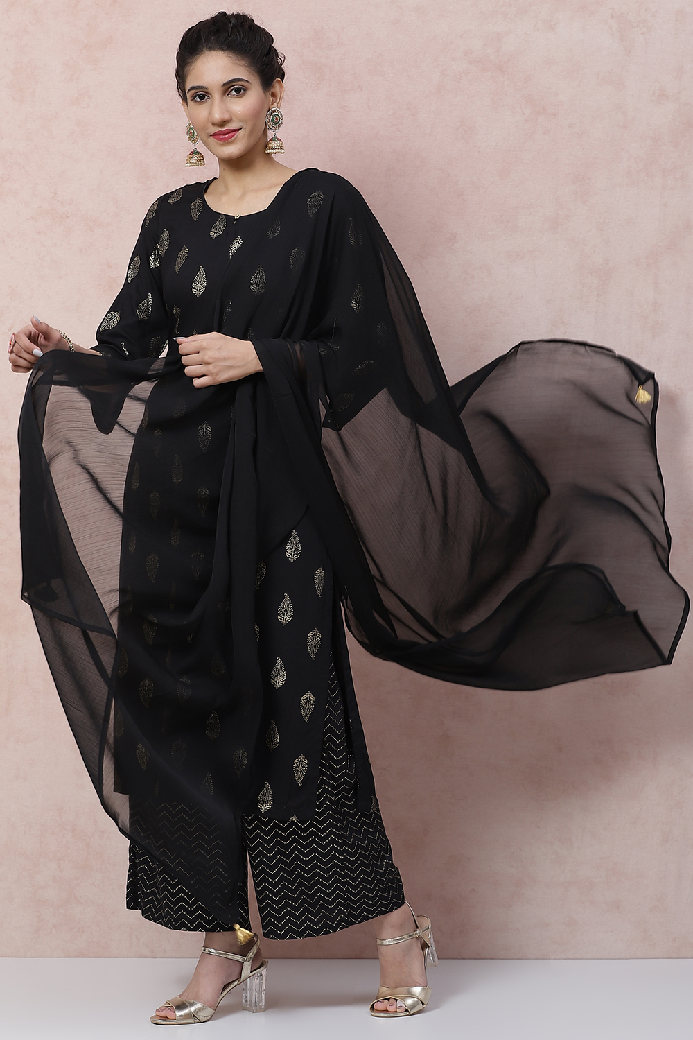 Black Viscose Rayon Straight Suit Set image number 2