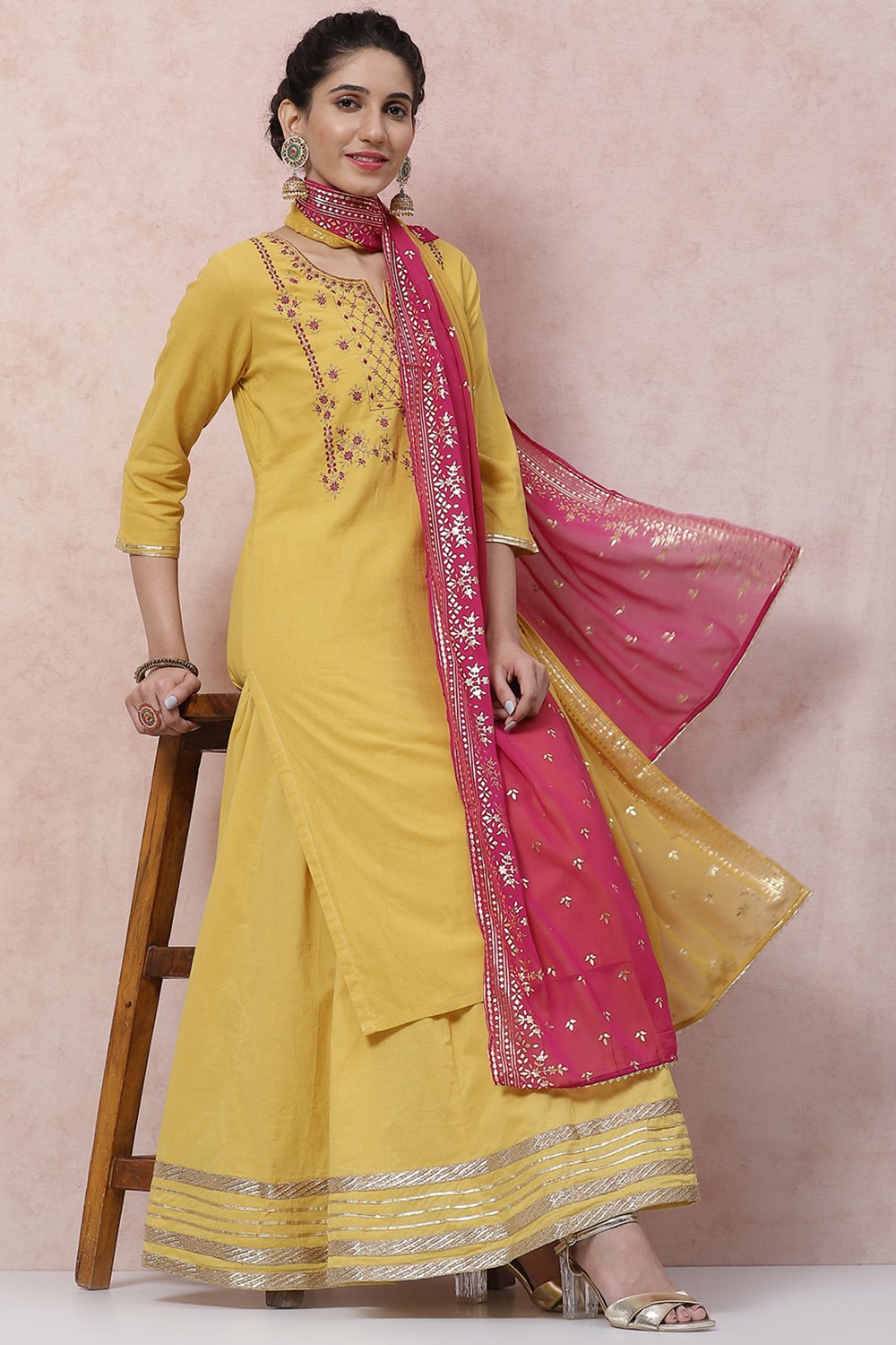 Mustard Cotton Straight Suit Set image number 0