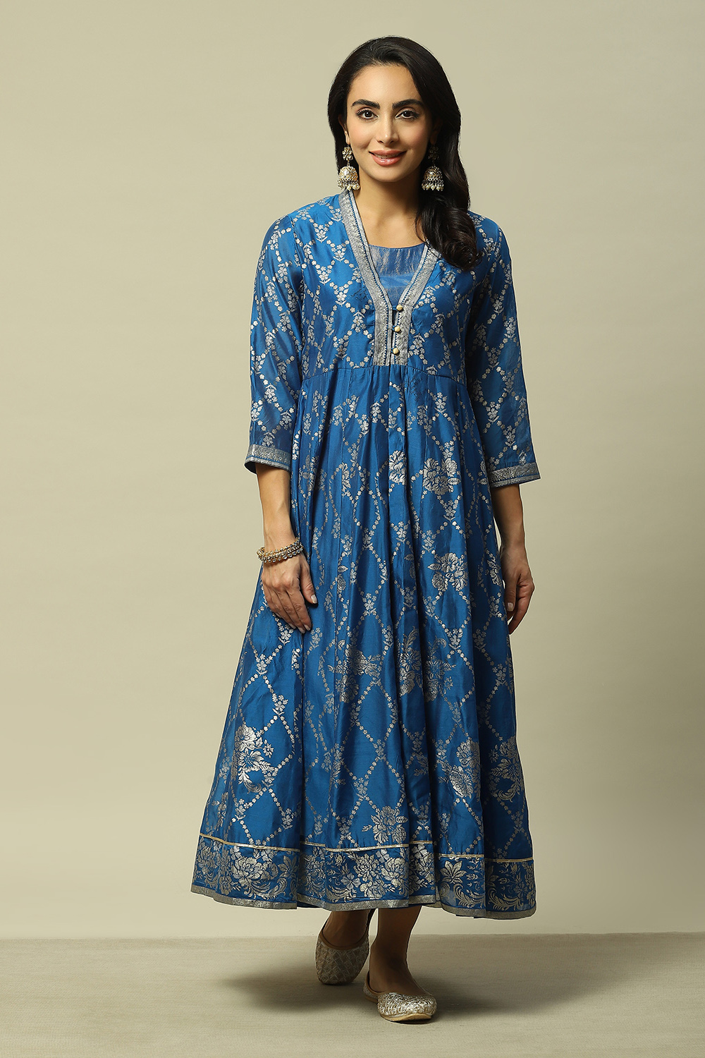 Blue Viscose Asymmetric Printed Dress image number 5