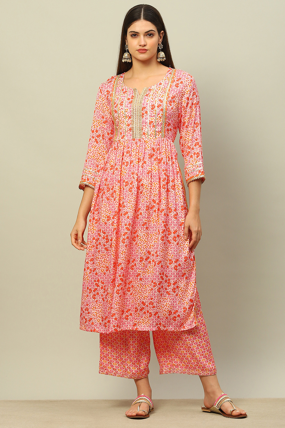 Orange Viscose Muslin Straight Printed Kurta Palazzo Suit Set image number 6