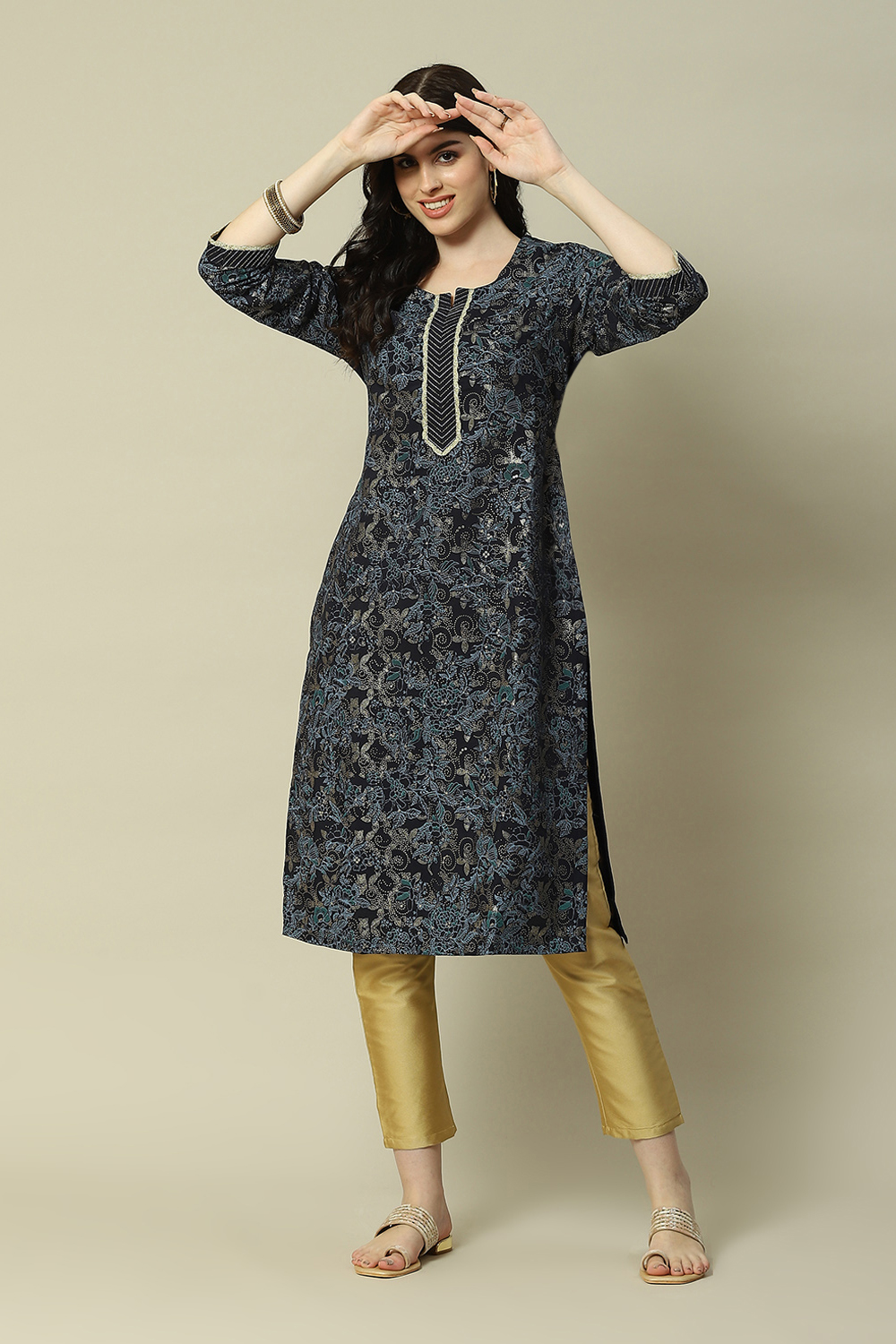 Blue LIVA Straight Printed Kurta image number 5